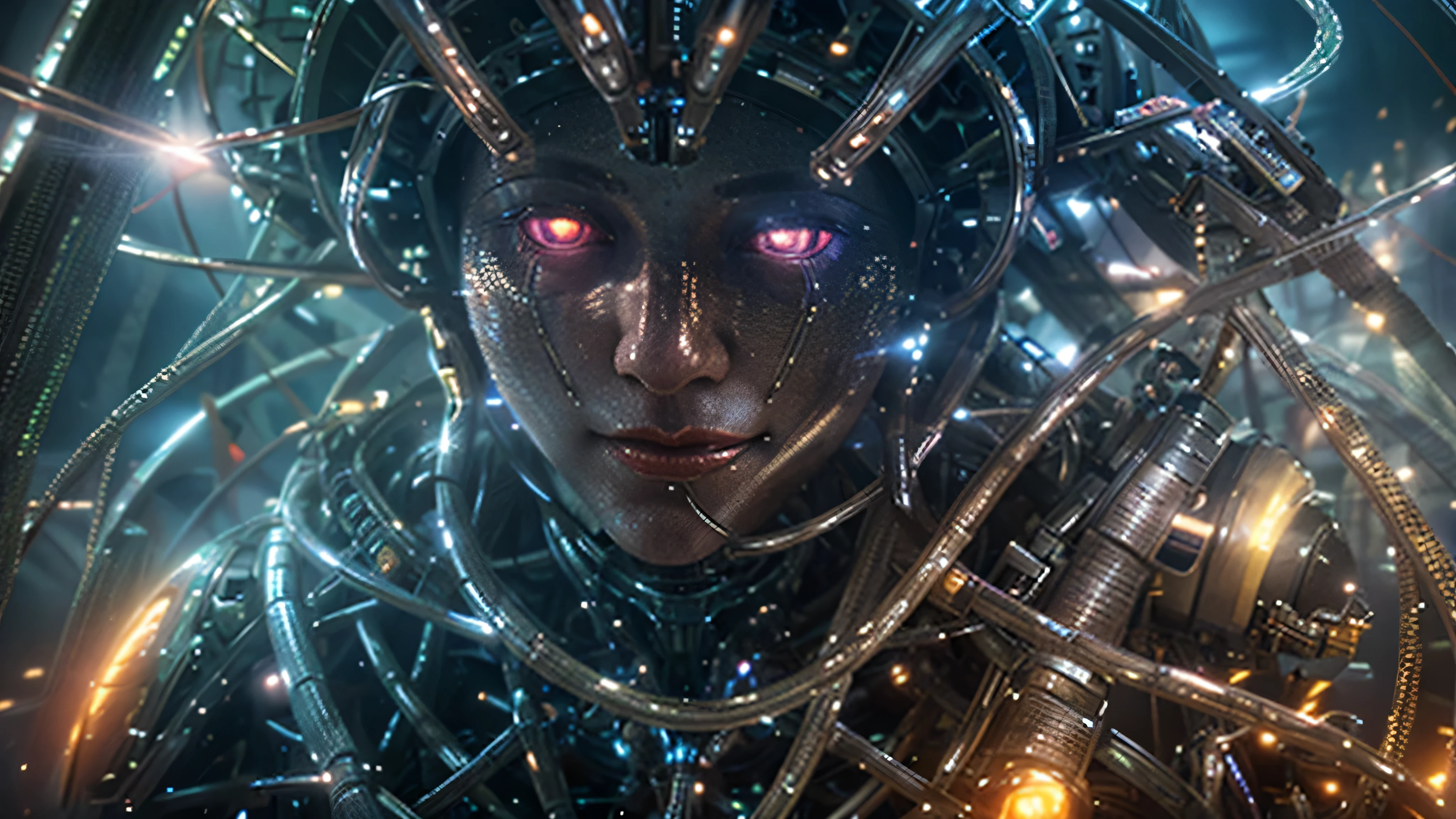 mj, Close-up cinematic capture of an ethereal neural network organism, mulher divina, anatomical face, biomechanical details cybernetics mechanical gears lubricating oil