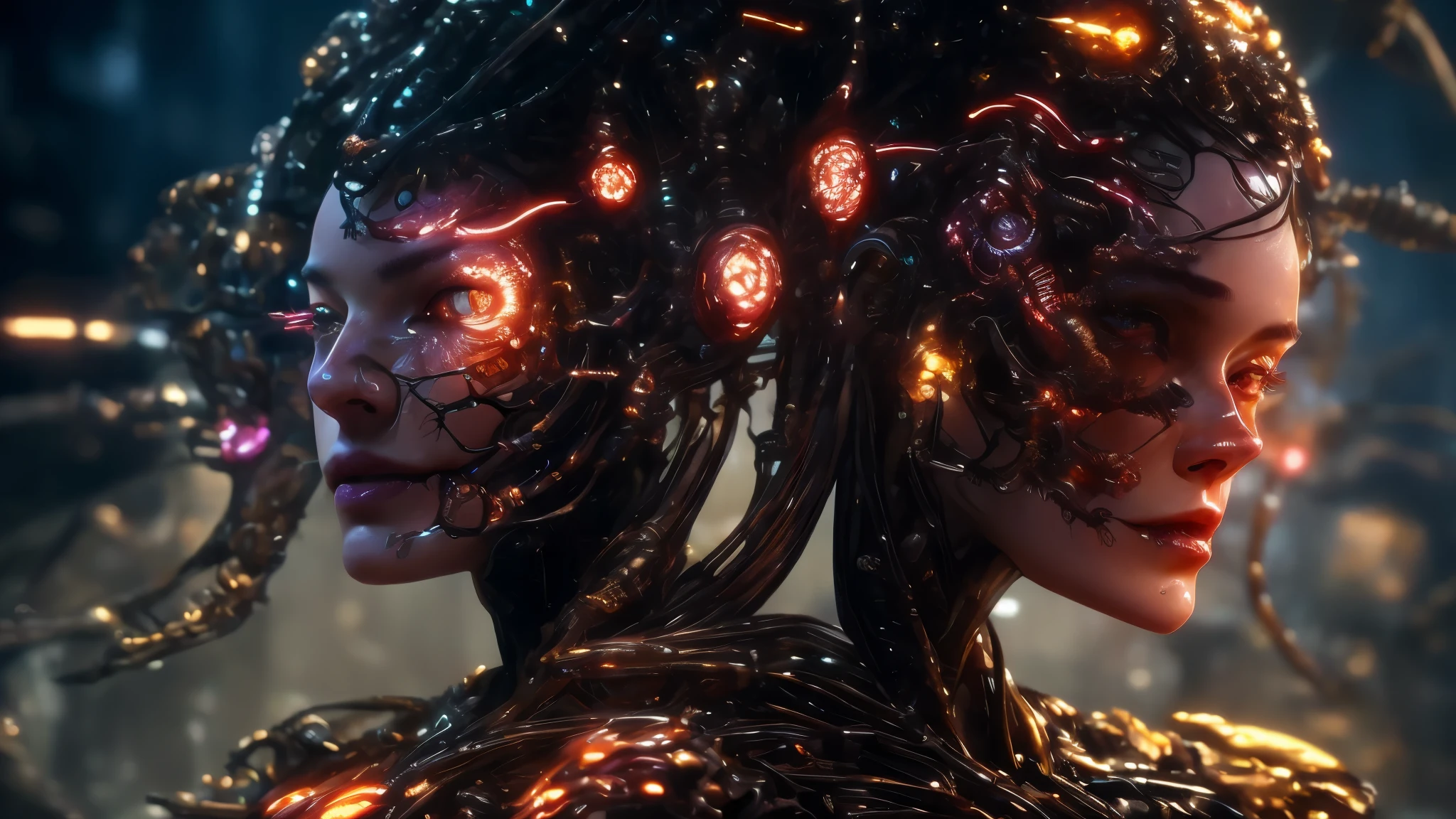 mj, Close-up cinematic capture of an ethereal neural network organism, mulher divina, anatomical face, biomechanical details cybernetics mechanical gears lubricating oil