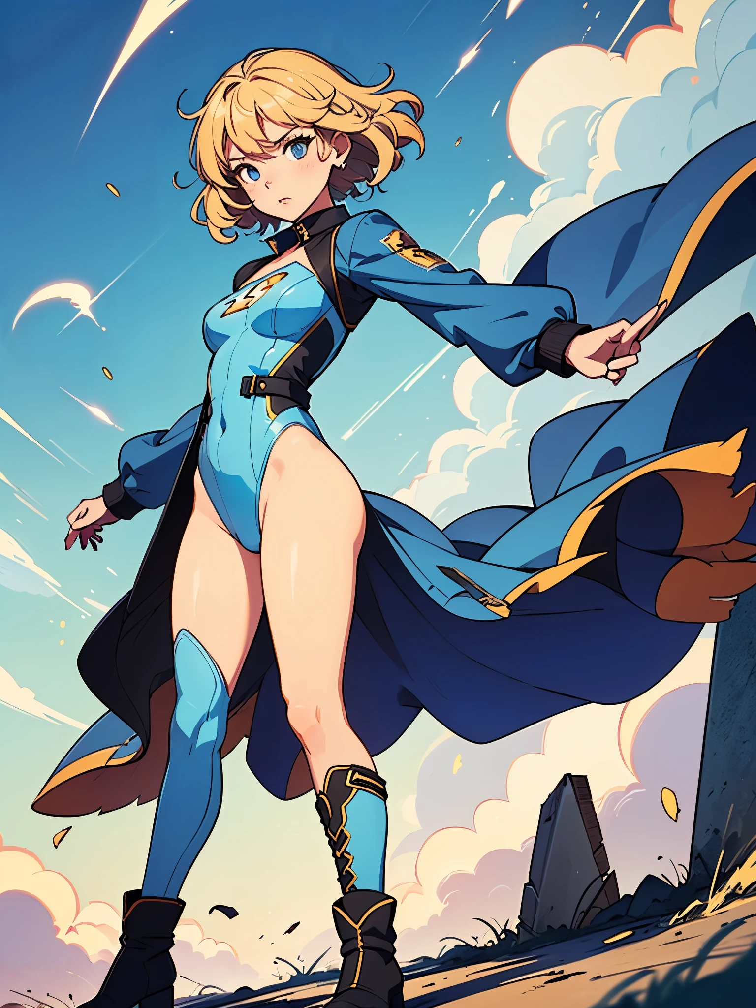 1girl, medium breasts, ((leotard, highleg leotard, light blue leotard)), (lighting bolt emblem on chest), bare legs, (tight belt), boots, matching boots, gloves, city backdrop, solo, single, standing, full body shot, cowboy shot, superhero, beautiful detailed eyes, power, ((blonde hair, short hair, wavy hair)), high school backdrop, outdoors, mature lady, teacher, spinning her body in rapid speed like a tornado, wind swirls, rapid gyration, girl tornado spinning, girl turning to a whirlwind, outstretched arms