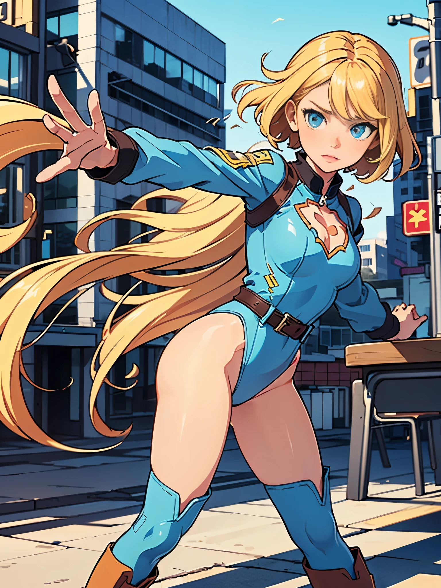 1girl, medium breasts, ((leotard, highleg leotard, light blue leotard)), (lighting bolt emblem on chest), bare legs, (tight belt), boots, matching boots, gloves, city backdrop, solo, single, standing, full body shot, cowboy shot, superhero, beautiful detailed eyes, power, ((blonde hair, short hair, wavy hair)), high school backdrop, outdoors, mature lady, teacher, spinning her body in rapid speed like a tornado, wind swirls, rapid gyration, girl tornado spinning, girl turning to a whirlwind, outstretched arms