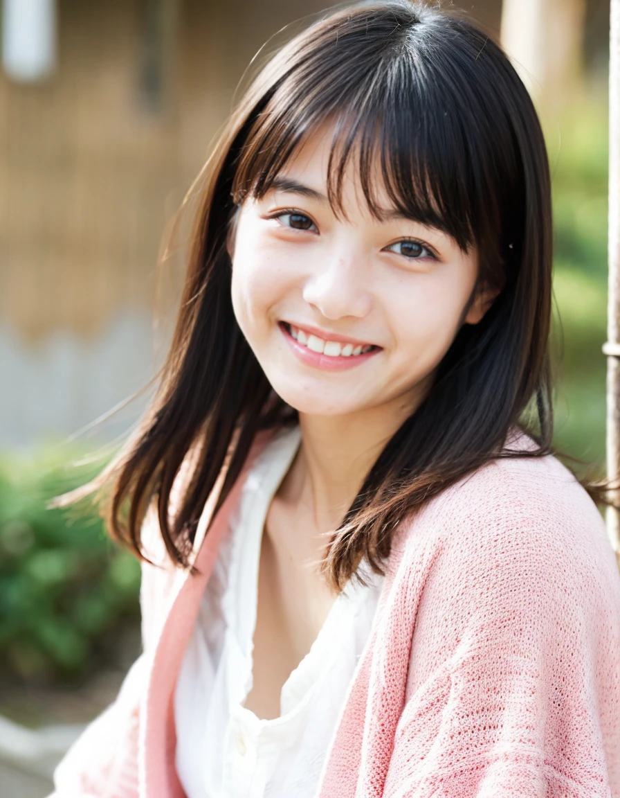 Japanese beautiful girl、14 years old、hatsuharu、light pink cardigan、Spinning、black hair、bitter smile、white jeans、