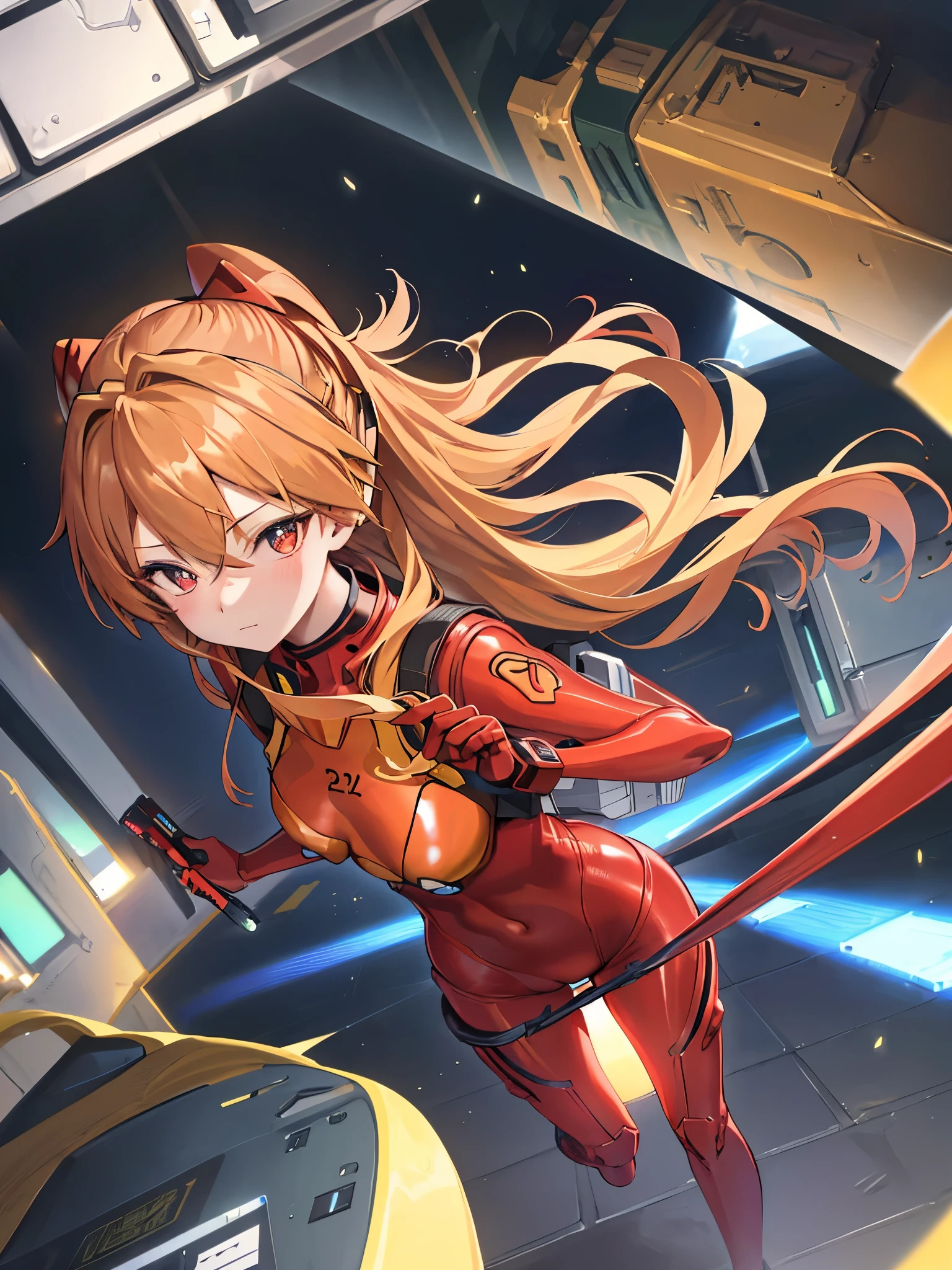 (Overhead view),dynamic angle,Super detailed, illustration, close up anus, straight, 1 girl, 
 ((Soulyu Asuka Langley, interface headset, Red bodysuit:1.4, blonde milf)),Her eyes shone like dream stars,(Shining eyes:1.233),(beautiful and detailed eyes:1.1),(Expressionless,closed mouth),(Standing mechanical room with tools and spaceship windows inside a white spaceship),
(night time:1.2),dream, [[delicate fingers and hands:0.55]::0.85],(detail finger),