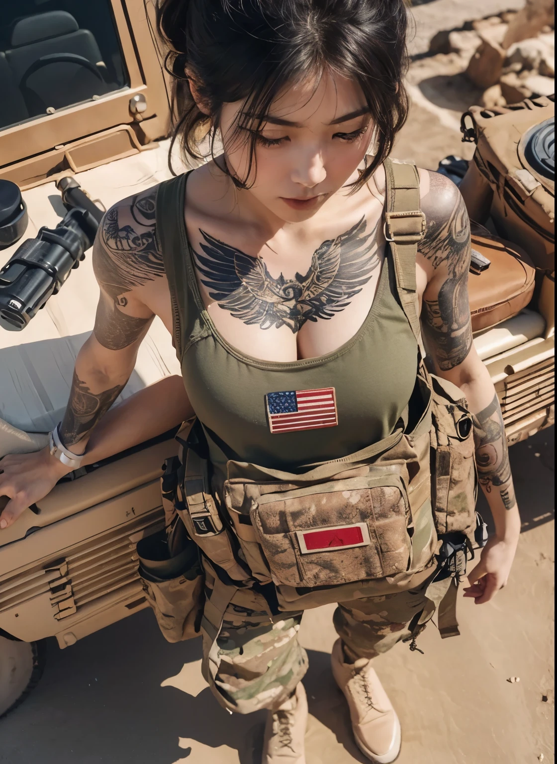 (best quality,realistic:1.2),ultra-detailed,photorealistic:1.37,portraits,desert American military,beautiful Japanese woman,standing next to a military vehicle,holding an anti-materiel rifle,small tattoo on her neck,sand,slight muscles,bulletproof vest,combat boots,equipment,aerial top-down composition