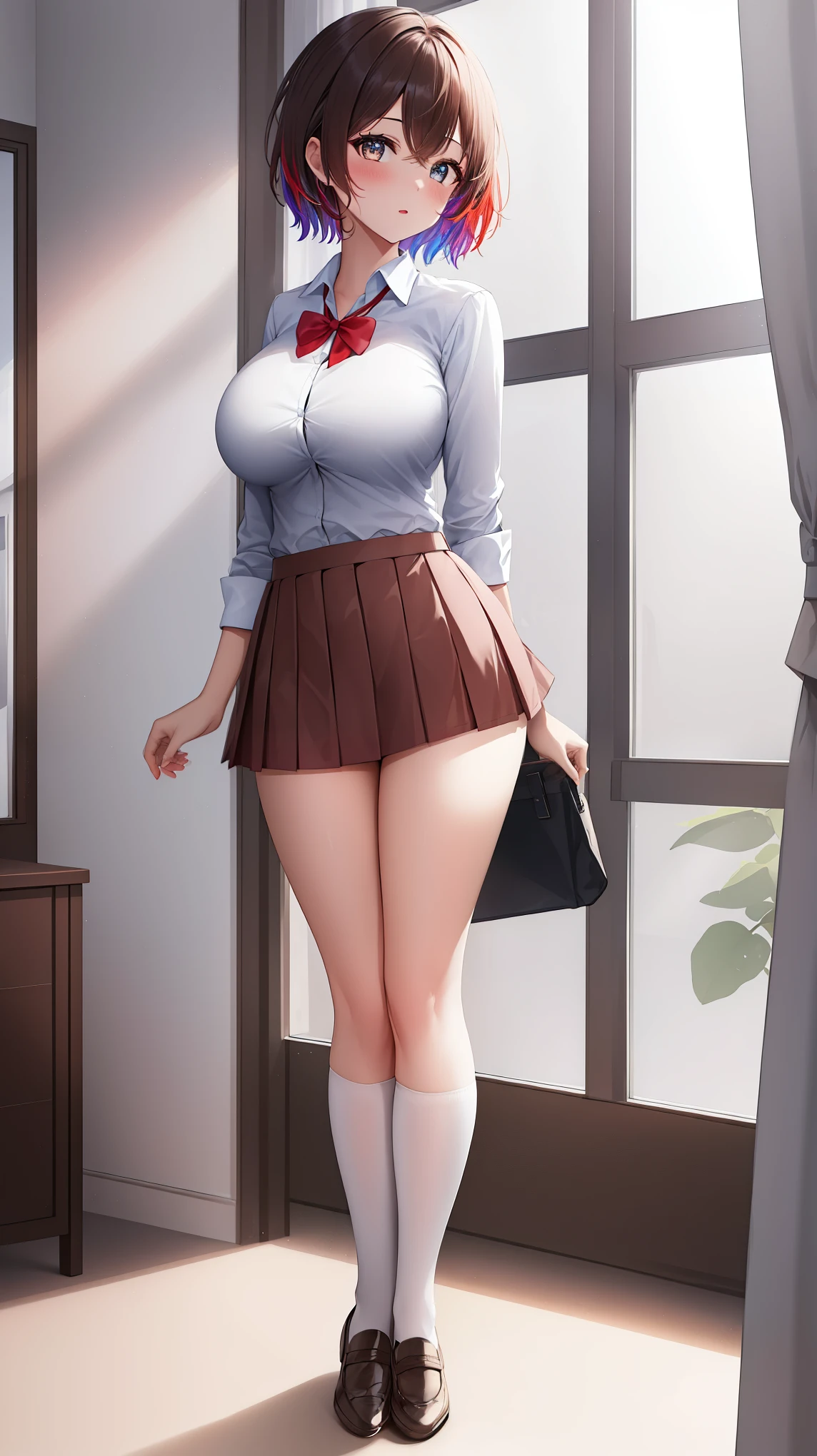 (day:1.7), in a room with curtains on the windows,indoors, Standing at attention

1 girl, 20yo,YOUNG female,Beautiful Finger, Beautiful long legs ,Beautiful body ,Beautiful Nose ,Beautiful character design, perfect eyes, perfect face,

school uniform, plated skirt, Zettai ryōiki, (very short skirt:1.4)

looking at viewer, in the center of the image, under butt

official art, extremely detailed CG unity 8k wallpaper, perfect lighting,Colorful, Bright_Front_face_Lightinasterpiece:1.0),(best_quality:1.0), ultra high res,4K,ultra-detailed,
photography, 8K, HDR, highres, absurdres:1.2, Kodak portra 400, film grain, blurry background, bokeh:1.2, lens flare, (vibrant_color:1.2)
, (beautiful_face:1.5),(narrow_waist), (Beautiful,Huge_Breasts:1.3)