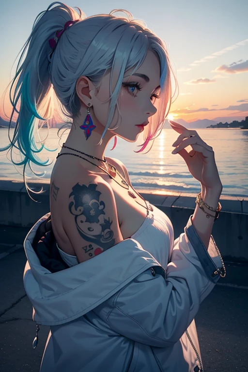 1girl, solo, jewelry, jacket, ponytail, multicolored hair, white hair, blue hair, earrings, necklace, off shoulder, tattoo, sunset in the background, Bright colours, Full Face