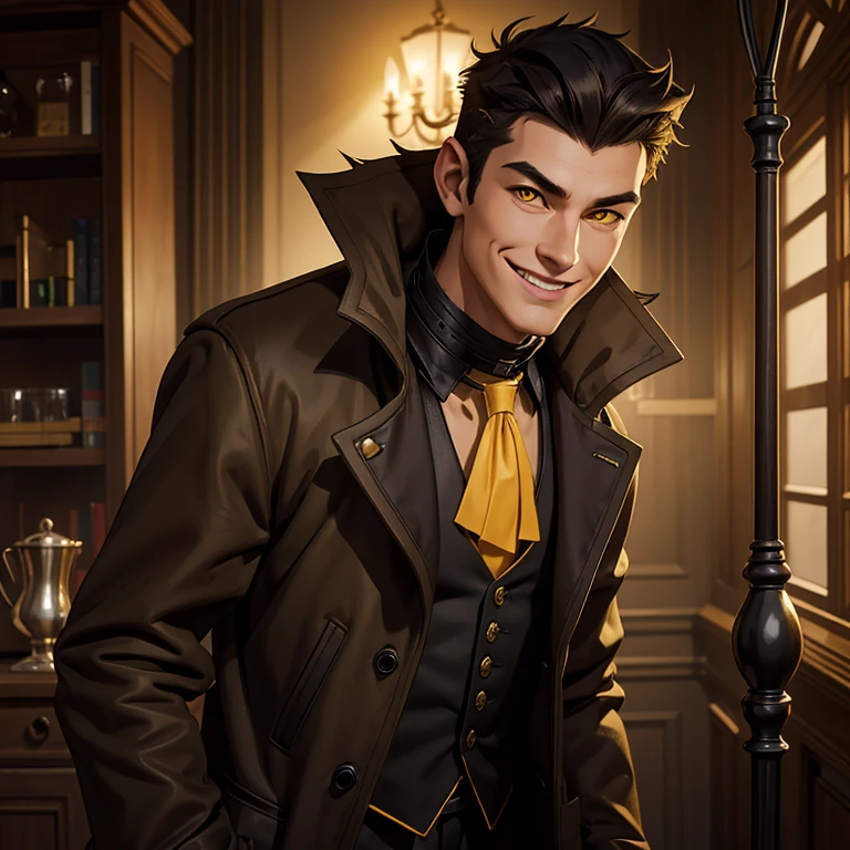 ****ng smile boy, teenager, boy, young, aristocrat, black short spiked hair, dark yellow vest, brown/black dusty dishelved coat, yellow eyes, collar on the neck, cane with mace-tip, nearby huge irish wolfhound, noir style, easygoing, smirking, smile, torn coat