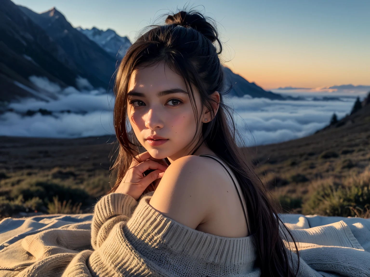 William-Adolphe Bouguereau style,(1woman 1rugged man:1.3), (upright straddle, Face to face:1.5)American couple, taken outside, (top view: 0.9, all of body: 2.0,), mountain mist surrounds couple:1.8, (body heat makes misty cloud we see when breathing in cold weather:1.6), beautiful dusk moonlight:1.7, moonstruck, (exterior radiant micro lights:1.2), masterpiece, best quality, ultra-detailed, exterior, laying over him, straddling:1.2, (dusk:1.5), mountains, nature, (glorious morning sunlight), cheerful, (happy couple embrace cozy with on blankets, sleeping bags,), embracing intimate, (spanking:1.1), woman 25 yo beauty, (Brown wavy semi-long hair and bangedium breastan 45yo, handsome), Wearing white shirt, sleeves rolled up, dress jeans, (He grabs the girl's hipody heat:1.3, he kisses the nape of her neck:0.8, warm and inviting, stunning misty mountains, hugging, embracinisty mountains:1.1), forest, rocks, river, wood, smoke, shadows, high contrast:1.1, deep rich shadows:1.1, clear sky, analog style (look at viewer:1.8) (skin texture:1.2) ,(ultra-realistic eyes, pupil coloring:1.8, eyelashes), highest quality,William-Adolphe Bouguereau style , Caravaggio paintings, painterly, (film grain:0.8), (warm hue, warm tone:1.2), cinematic light, ultra high res, best shadow, RAW, wearing knitted sweater:1.5, her hair up in messy ponytail:2.0, relaxed and intimate, resting, happy, best moment in life, share it with me, mountain dew:0.9