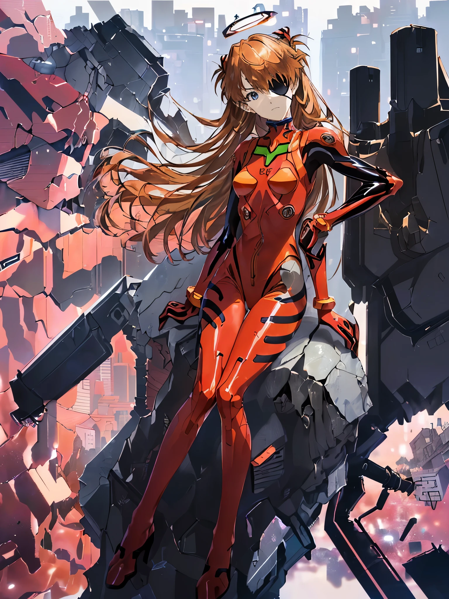 (magazine cover:1.0)、Ulsan-6500、(real:1.3)(Creative:1.2)、masterpiece、highest quality、beautiful clean face、Full body Esbian、((boobs robot girl、mechaken armor、mechanical harrow、mechanical arm、gray hair、long hair、ceramic body、thigh gap、small breasts、cyber background、highly detailed city、Eva 02、Souryu Aska Lanley、Asuka is、(red leotard、red latex、red high heel pumps)(translucent body、reflective skin)、8K、highest quality、Super detailed、(hyper real:1.4)、eyepatch
