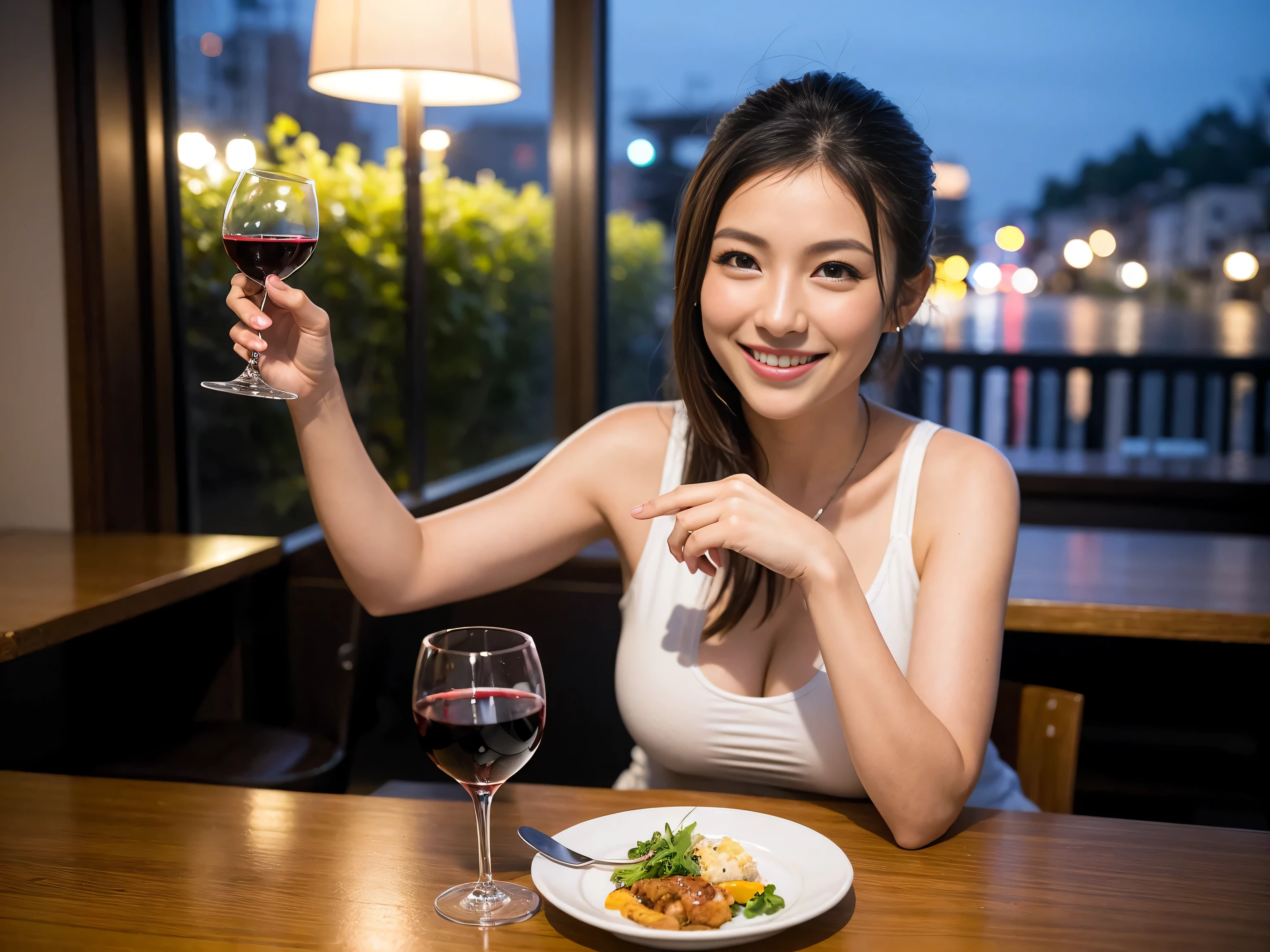 (64km race, ticker, highest quality, debris flies: 1.2), (reality, that'reality的な: 1.37), pretty woman 1, (slim face), (slimボティ), (brown hair), (shortcut), Colombia、Brazilian、Japanese、Spaniard、Italian、Englishman、Dutch、American、french、cheeks blush a little, (35 years old), 38 years old, alone, A beautiful and detailed night view spreads out outside the window..........., restaurant, wine glassに座って, At night, in a prominent place (from the Upper body) nova frog style, actress, model, Upper body, White wine, slim, wine glass, Very beautiful night view, 真ん中に置かれたwine glass, smile, (shy smile: 1.15), beautiful and detailed eyes, Upper body 全身, bust japan up, At night, short story, short story, actress, model, Upper body, White wine, slim, wine glass, Very beautiful night view, 真ん中に置かれたwine glass, smile,
