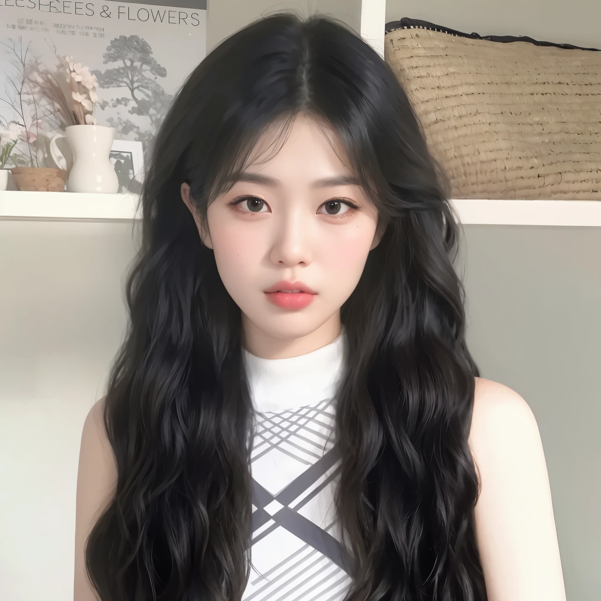 There a young girl,with long black hair,wearing white top, Urzan, long hair, 黑色波浪long hair, guweiz style artwork, black curls, curls spread out, dynamic curls,, curls, 长curls, Kurohime cuts hair, vibrant dark curls