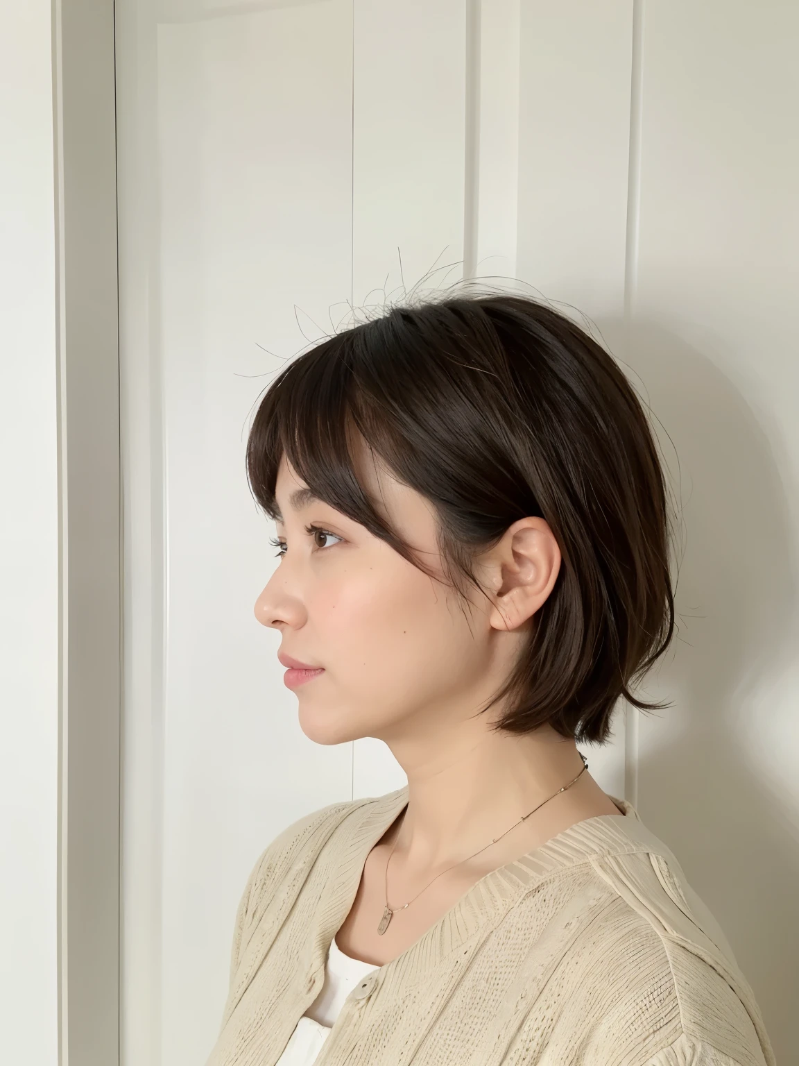 best quality, In 8K, high quality, High resolution, detailed face, detailed eye, thick lips, solo, middle-aged women, Beautiful woman, 35 years old, short hair、black hair、Shot in natural light、Japanese,autumn clothes、Winter clothes、simple necklace、pastel clothing、white wall、Taken in front of the white door、(窓のあるwhite wallの部屋)、(dark brown hair)、various poses、(Beautiful profile:1.3)、Don't look at the camera