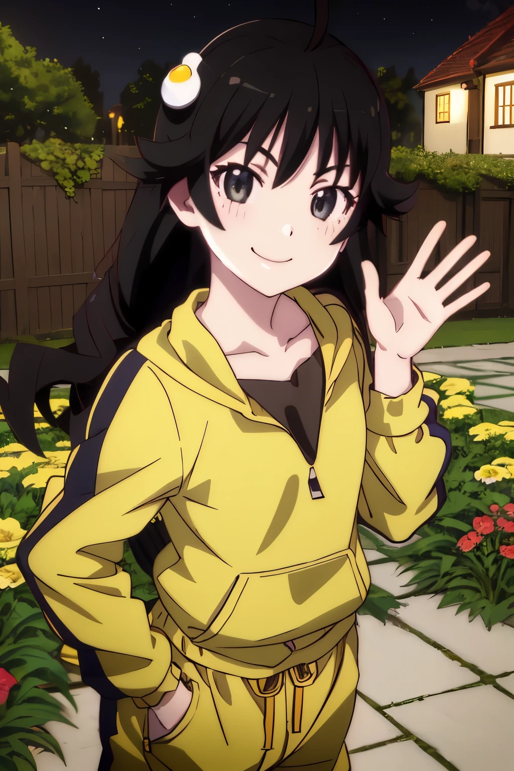 master piece, best quality, ultra high resolution, highest quality, anime style, best writing, beautiful face, 1 girl, alone,  Aragiren, long hair,  Ahoge, (yellow tracksuit:1.3), Yellow pants,  shorts, black tank top, Egg ornament.
garden, flowers, wood,  face close up, smile, night, waving,
