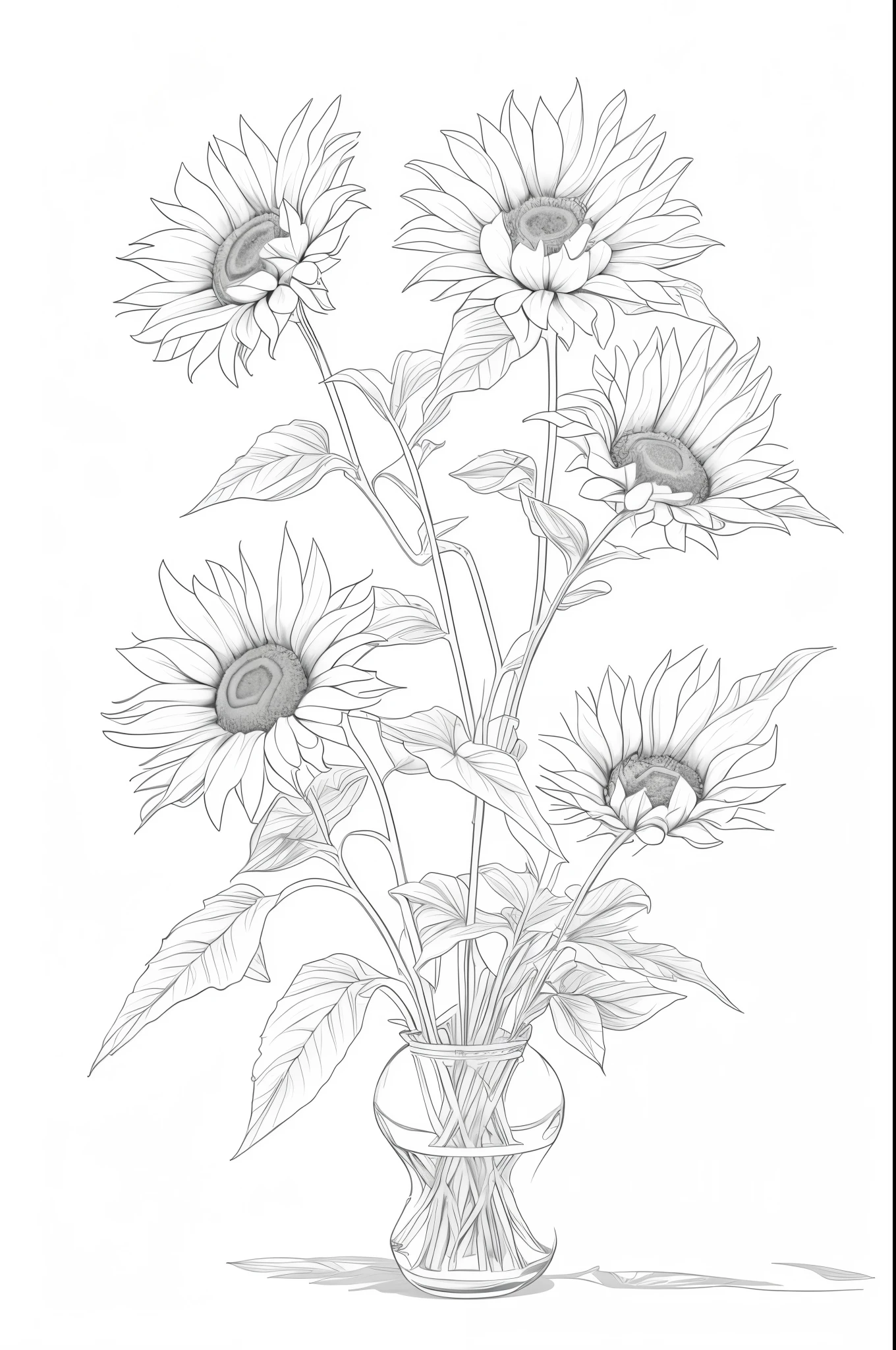 there  a vase with sunflowers in it on a white background, line art, line - art, highly detailed sketch, drawn with photoshop, ambient occlusion:3, crystallic sunflowers, helianthus flowers, ambient occlusion, highly detailed illustration, fine line art, flowers with intricate detail, highly-detailed illustration, sunflowers, line drawing, heavy shading