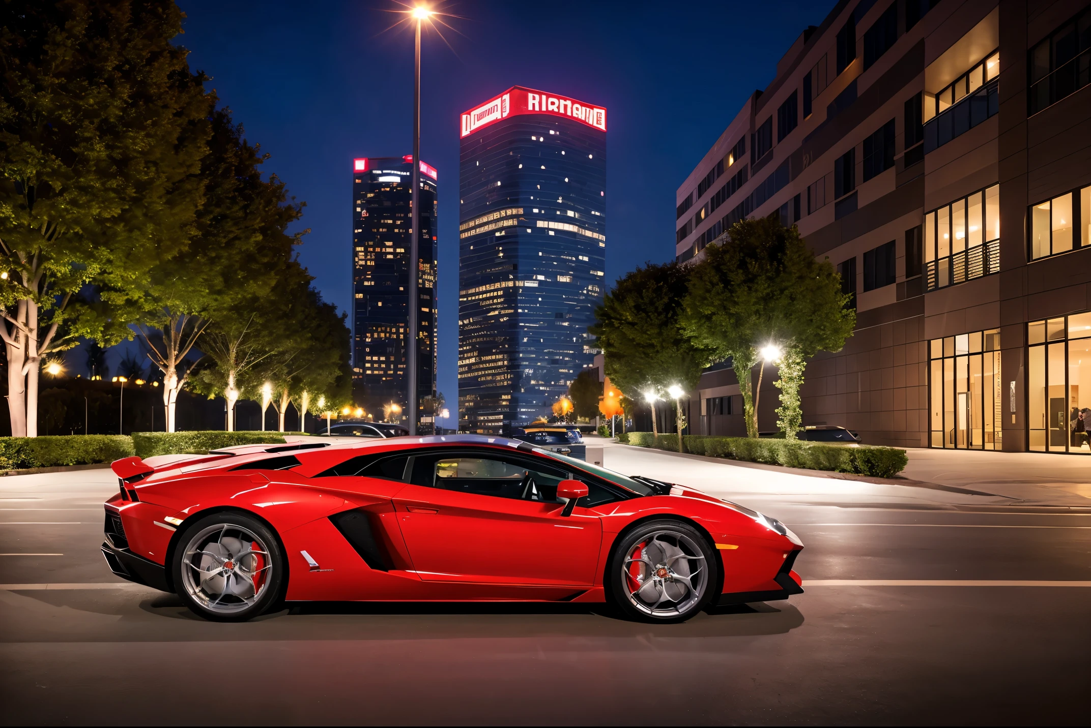 red lamborghini aventador　　Precise and high quality　Realistic three-dimensional feel　beautiful background　Parked on the road in front of the marble entrance of a luxury condominium.　beautiful lighting　beautiful street　stylish apartment　(shot from the side:1.3) beautiful night lights　city of temptation