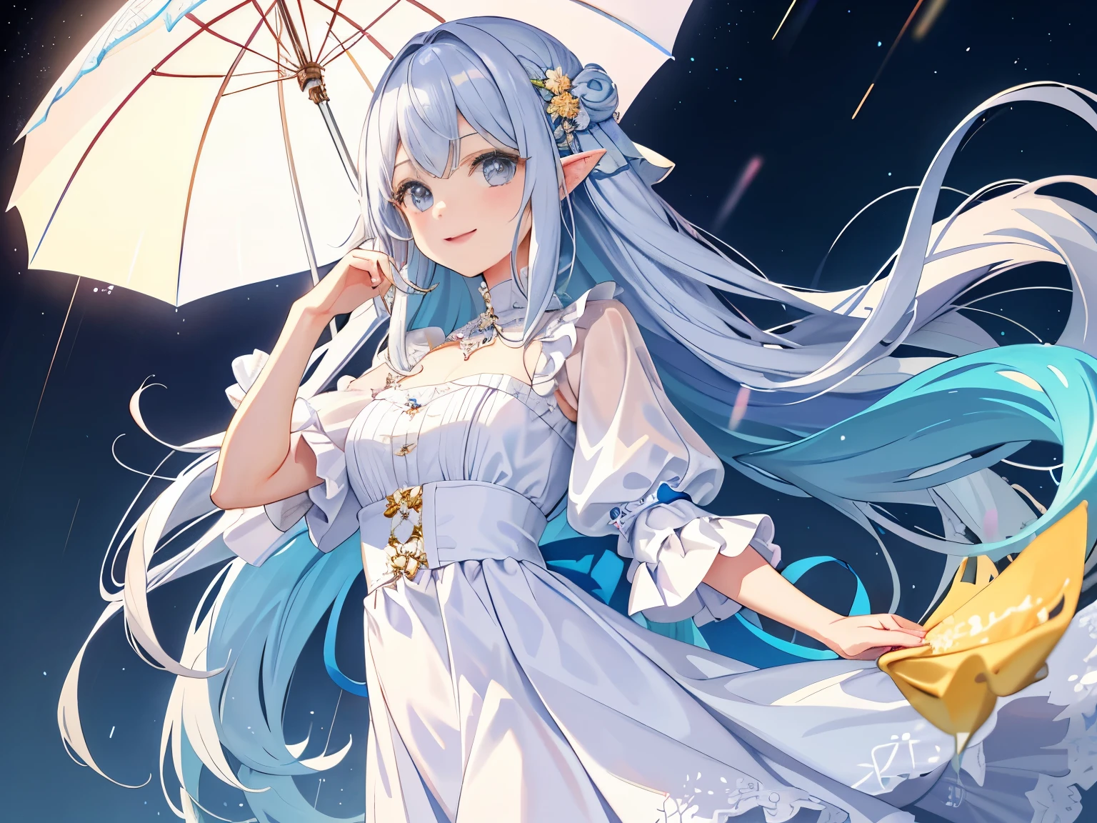 (Obra-prima 8k)Imagem ultra-detalhada realista,Blush sorriso e cala a boca,Use roupas profissionais embebidas na chuva noturna,Long, flowing hair with white lace,Usando cabelo branco de raposa de nove caudas,pupilas azuis ciano,On a street where it rains at night,The appointment in progress。