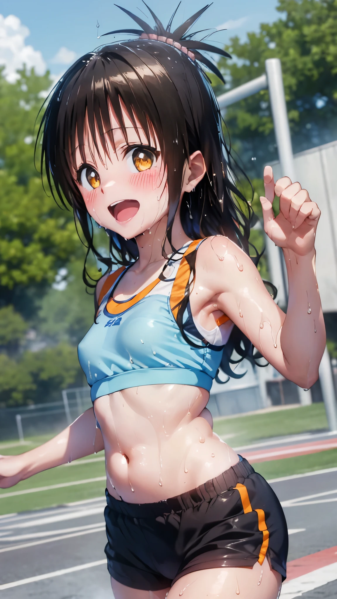 1 female,black hair,((************)),(((White and blue sports bra and shorts)))(((blush、open mouth smile)),(((Yuki Mikan))),crowd(Baby girl body shape)(((small breasts)))sexy pose,((wet with sweat))Outside playground