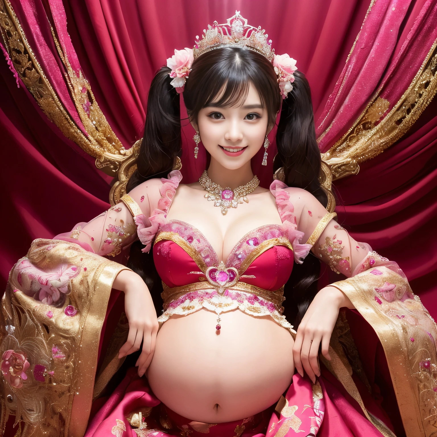 (((highest quality, debris flies, ultra high resolution、the most complex and detailed depiction、Awards, 8K、bright and vivid)))、((1 Japan princess、pregnant woman、slim belly during pregnancy、美しい完璧なtwin tails、twin tails、Ultimate luxury with everything you can imagine,The most luxurious costumes in red and pink,Red and pink costume,超巨大なthroneに座る,The most detailed and luxurious luxury princess room,shine intricately,red and pink sparkle,gorgeous goddess room、The most gorgeous and complex backgrounds uncensored,The best smile staring at the camera,Please smile big,Smile affectionately at me,Shooting from close to the face)),((最もゴージャスなthrone、High-end Red and pink costume、large amount of jewelry decoration,The largest giant tiara in the world,detailed jewelry,detailed decoration,Glitter Costume,shining jewel、Huge decoration,giant costume,Huge sleeves,artistic decoration,very detailed decoration,very intricate decoration)),(big and full breasts,get used to it,royal, majestic, Queen, Empress quality,table top, intricate details,realistic,, front close-up, throne, Upright posture, get used to it顔,perfect teeth,white teeth,finely描かれた顔,beautiful face,perfect fingers、professional photos, very delicate and beautiful, very detailed,finely)), (Huge and magnificent seats:1.2)