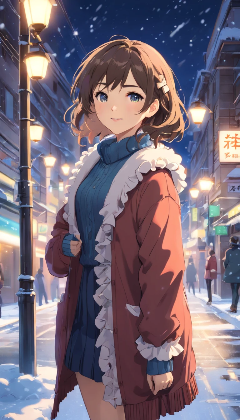 (masterpiece:1.2), best quality, highres, original, (extremely detailed:1.2), ultra-detailed, wallpaper, perfect lighting,(extremely detailed CG:1.2), 8k, anime illustration, 1girl, solo, smiling, (winter outfit:1.2), standing on the street, (knit cardigan:1.1), (bowknot on cardigan:1.25), knee-length skirt, (Ruffled hemline:1.3), winter boots, {delicate|detailed}clothes, (anatomically correct:1.34), close-up, full-body, looking at viewer, frontal, snowy street, (streetlight:1.17), city background, night, unity 4k
