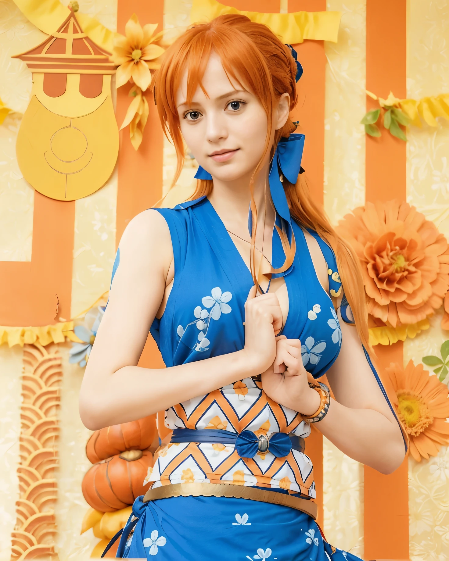 (masterpiece), (realistic), (ultra detailed), ( high reest quality), (photorealistic), (perfect face), (perfect anatomy), woman, female, solo, Swede, Swede, nami from one piece, nami, long haircut, orange hair, long haircut with side bangs, (((the character has big breasts))), Her hair is tied back and part of it tied in front, Her back hair is tied with a blue ribbon, wearing a light blue kimono, wearing a large ribbon belt and covered with a small blue ribbon, on the character stripes there is an orange tempok with flower motifs and the pirate symbol Nami from One Piece