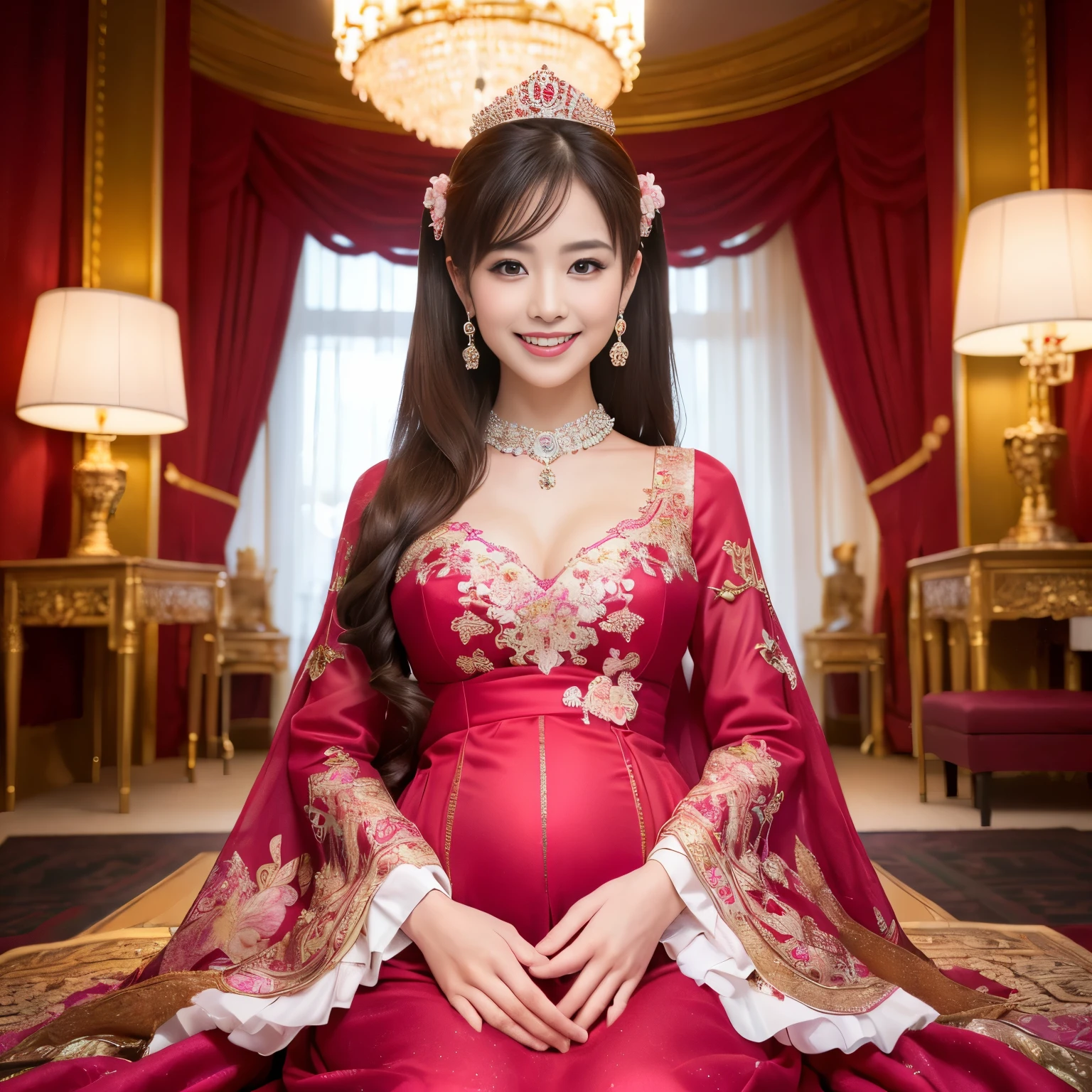 (((highest quality, debris flies, ultra high resolution、the most complex and detailed depiction、Awards, 8K、bright and vivid)))、((1 Japan princess、pregnant woman、slim belly during pregnancy、美しい完璧なtwin tails、twin tails、Ultimate luxury with everything you can imagine,The most luxurious costumes in red and pink,Red and pink costume,超巨大なthroneに座る,The most detailed and luxurious luxury princess room,shine intricately,red and pink sparkle,gorgeous goddess room、The most gorgeous and complex backgrounds uncensored,The best smile staring at the camera,Please smile big,Smile affectionately at me,Shooting from close to the face)),((最もゴージャスなthrone、High-end Red and pink costume、large amount of jewelry decoration,The largest giant tiara in the world,detailed jewelry,detailed decoration,Glitter Costume,shining jewel、Huge decoration,giant costume,Huge sleeves,artistic decoration,very detailed decoration,very intricate decoration)),(big and full breasts,get used to it,royal, majestic, Queen, Empress quality,table top, intricate details,realistic,, front close-up, throne, Upright posture, get used to it顔,perfect teeth,white teeth,finely描かれた顔,beautiful face,perfect fingers、professional photos, very delicate and beautiful, very detailed,finely)), (Huge and magnificent seats:1.2)