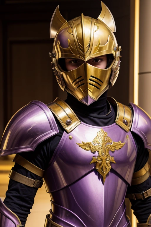 a young male, 18 years old, wearing light purple armor with gold details, the young man has the armor helmet in his hand