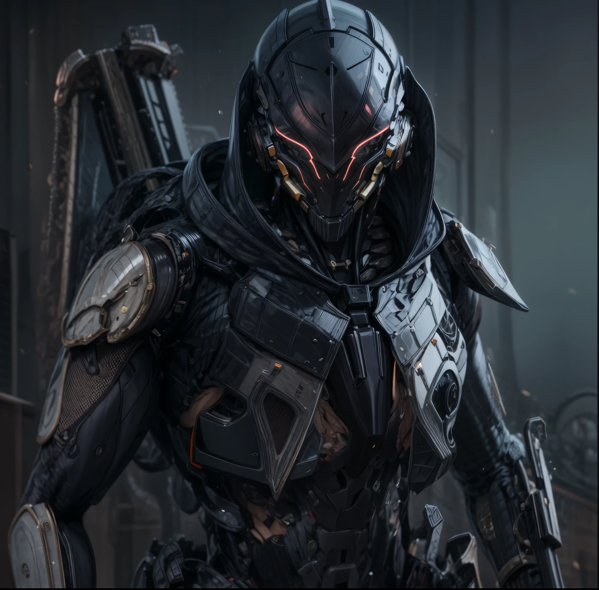 (((An epic and visually stunning digital anime masterpiece:1.4, art piece featuring a sylphlike ((feminine male:1.5)) elegant military cyborg soldier clad in a sleek yet tactical armored yet decorated military trench coat:1.3))), (((flat masculine male chest:1.5, mechanical robot head with a hood, glowing orange bar visor:1.5))), (((the character clothed in a (scifi tactical armored double breasted trench coat with a built in exoskeleton, hood pulled up), (((over a form fitted armor plated yet super sleek and sensually revealing under suit:1.6, thighs and waist exposed:1.5))), the armor plating on the upper arms and shoulders beautifully engraved))):1.4, The image showcases the intricacies of the character’s armor and clothing:1.5, ((capturing their flamboyant feminine essence and heavy mechanical art deco aesthetic:1.2)), The character also possesses an androgynous charm, (((with slim yet heavily muscled gorgeous feminine physique:1.2, sylphlike with a sleek waist:1.2, slim mechanical muscular armored torso:1.3, toned yet beautifully sleek cybernetic arms:1.3, mechanical arms and legs:1.3, mechanical muscles:1.3))), looking at viewer, (((brass metal armor and brown leather, dieselpunk:1.3))), (((depth of field, cinematic lighting, chromatic aberration, ray tracing, UHD, masterpiece, top of head covered, super detail, high details, high quality, award winning, 8k, highres, artificial muscle:1.4)))