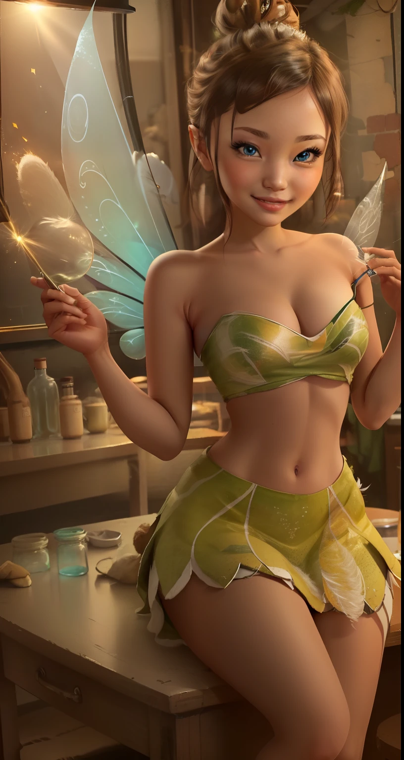 (Tinker Wife:1),Tinker Bell、mini skirt、clear feathers、 smile, cute, cute pose, looking at the viewer, thick thighs, single hair bun hair, short hair, (Strapless Green Dress:1), (fairy wings), sitting, (chest focus:1.2), From above, 
(realistic:1.2), (realism), (masterpiece:1.2), (highest quality), (Super detailed), (8K, 4K, Complex),(full body shot:1),(cowboy shot:1.2), (85mm),particles of light, lit, (very detailed:1.2),(detailed face:1.2), (Gradation), software, colorful,(fine eyes:1.2),
(detailed landscape, in a glass bottle:1.2),(detailed background),detailed landscape, (dynamic angle:1.2), (dynamic pose:1.2), (third law_composition:1.3), (Action range:1.2), wide shot, dawn, alone,