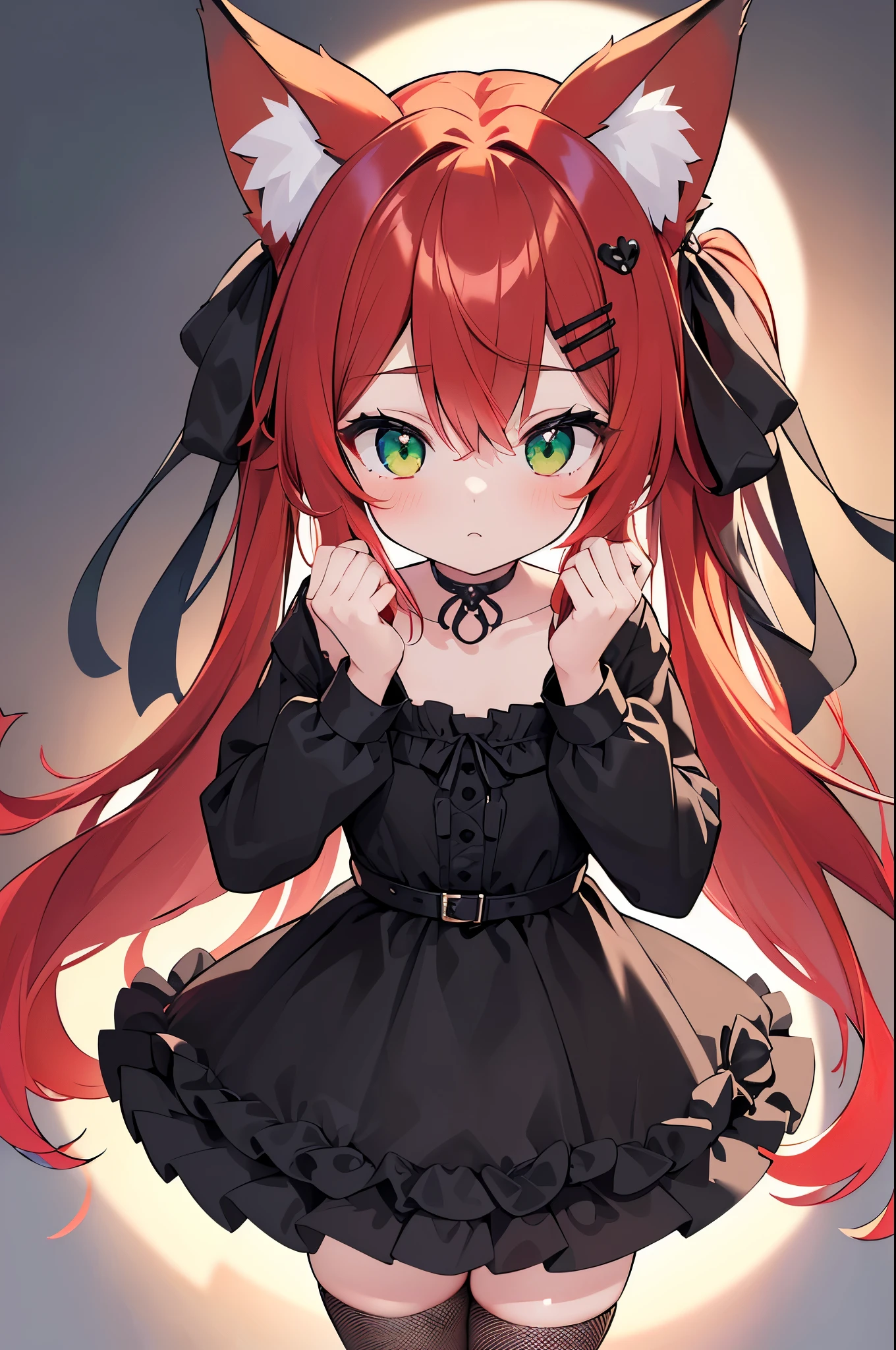 masterpiece, best quality,super fine illustration, perfect anatomy, correct anatomy, perfect proportion, perfect face, perfect hands, perfect legs, perfect fingers, perfect hands, professional lighting, best quality, ultra detailed, extremely delicate and beautiful, 4k, 8k,,1girl, fox girl, (((multicolored hair:1.2)(black 1.1)(red 1.1), fox ears, long hair, fox tail, black dress, fishnet stockings, cute expression, highres, best quality, masterpiece,clearly drawn face, beautiful eyes, beautifully detailed eyes, highly detailed eyes, ribbon, choker, looking at viewer, skull hair clip, green eyes, head shot