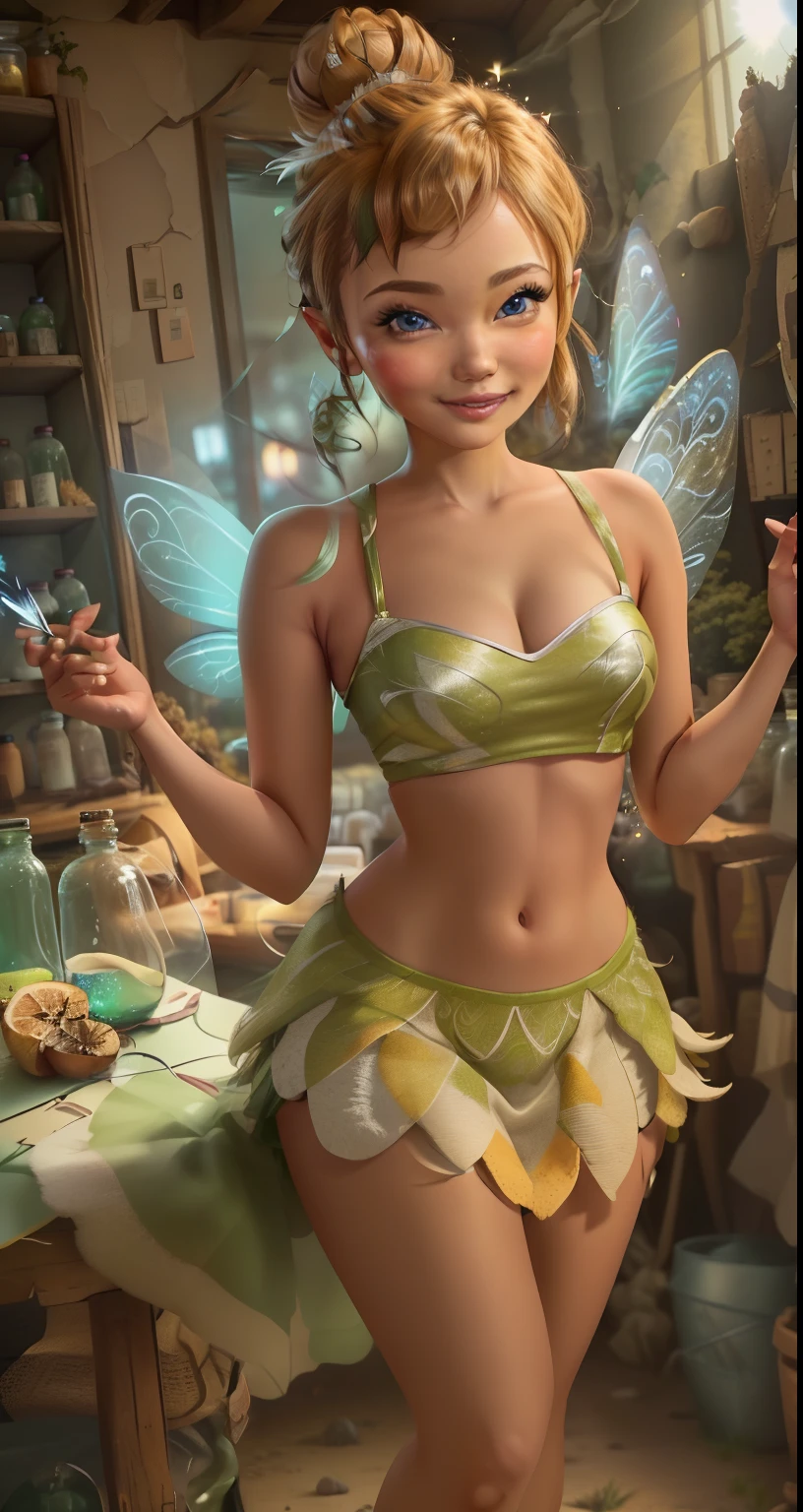 (Tinker Wife:1),Tinker Bell、mini skirt、clear feathers、 smile, cute, cute pose, looking at the viewer, thick thighs, single hair bun hair, short hair, (Strapless Green Dress:1), (fairy wings), sitting, (chest focus:1.2), From above, 
(realistic:1.2), (realism), (masterpiece:1.2), (highest quality), (Super detailed), (8K, 4K, Complex),(full body shot:1),(cowboy shot:1.2), (85mm),particles of light, lit, (very detailed:1.2),(detailed face:1.2), (Gradation), software, colorful,(fine eyes:1.2),
(detailed landscape, in a glass bottle:1.2),(detailed background),detailed landscape, (dynamic angle:1.2), (dynamic pose:1.2), (third law_composition:1.3), (Action range:1.2), wide shot, dawn, alone,