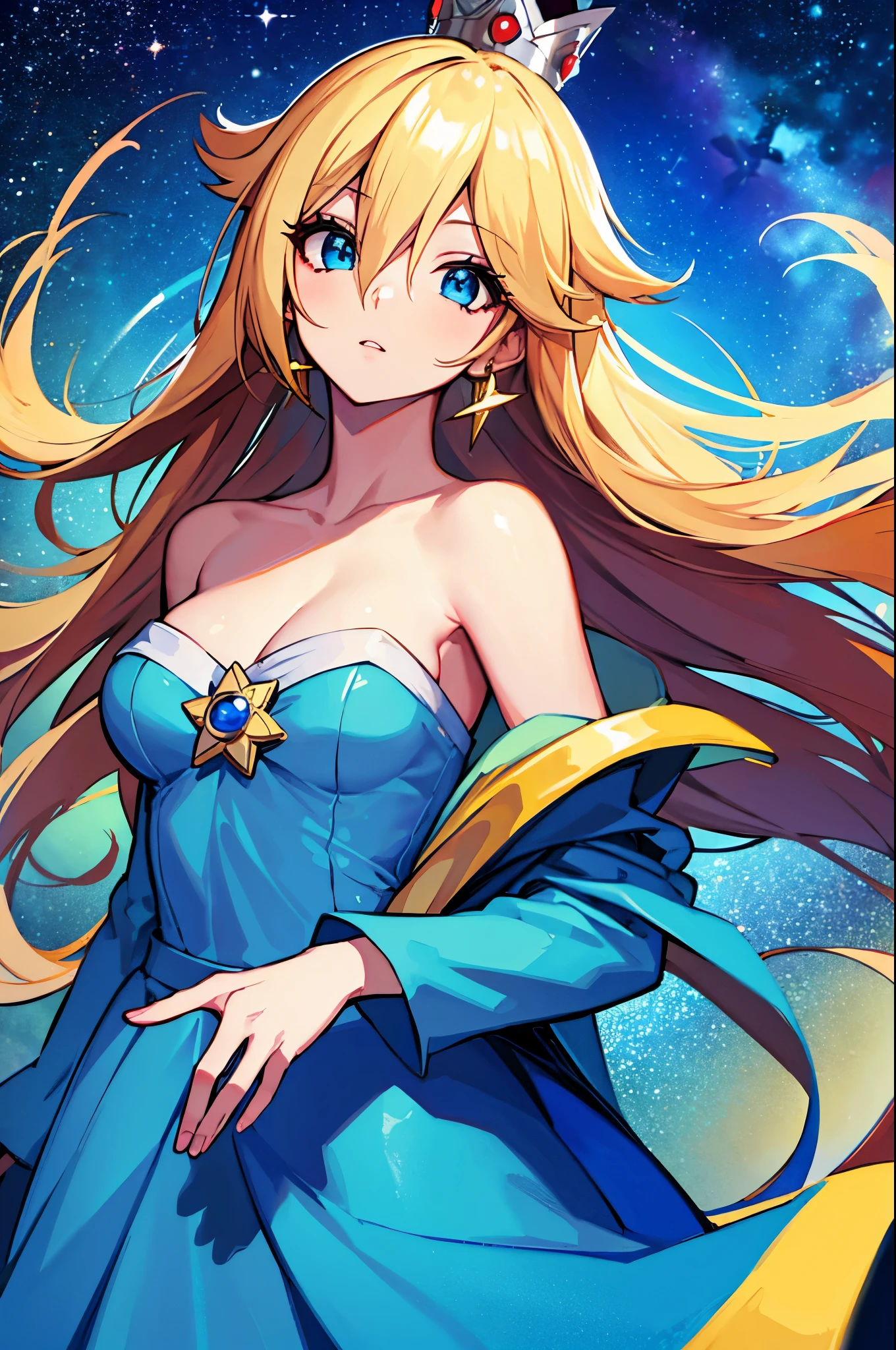 (masterpiece), best quality, expressive eyes, perfect face, highres, 1 girl, solo, rosalina, blonde hair, blue eyes, hair over one eye, long hair, blue dress, crown, dress, earrings, jewelry, princess, robe, bare shoulders, star earrings, space, starry background, glowing particles, good illumination, standing, upper body, portrait, looking at the viewer