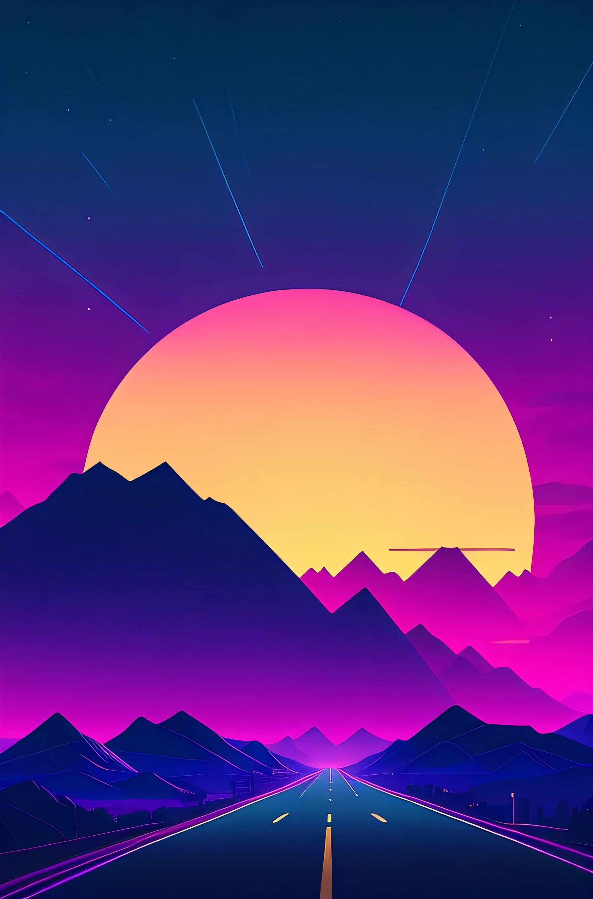 arafed car driving on a road with mountains and a city in the background, epic retrowave art, art deco outrun anime aesthestic, masterpiece epic retrowave art, retrowave art, retrowave epic art, synthwave digital art, synthwave art style, outrun art style, synthwave art, retrowave vibes, retrowave style, dark retrowave