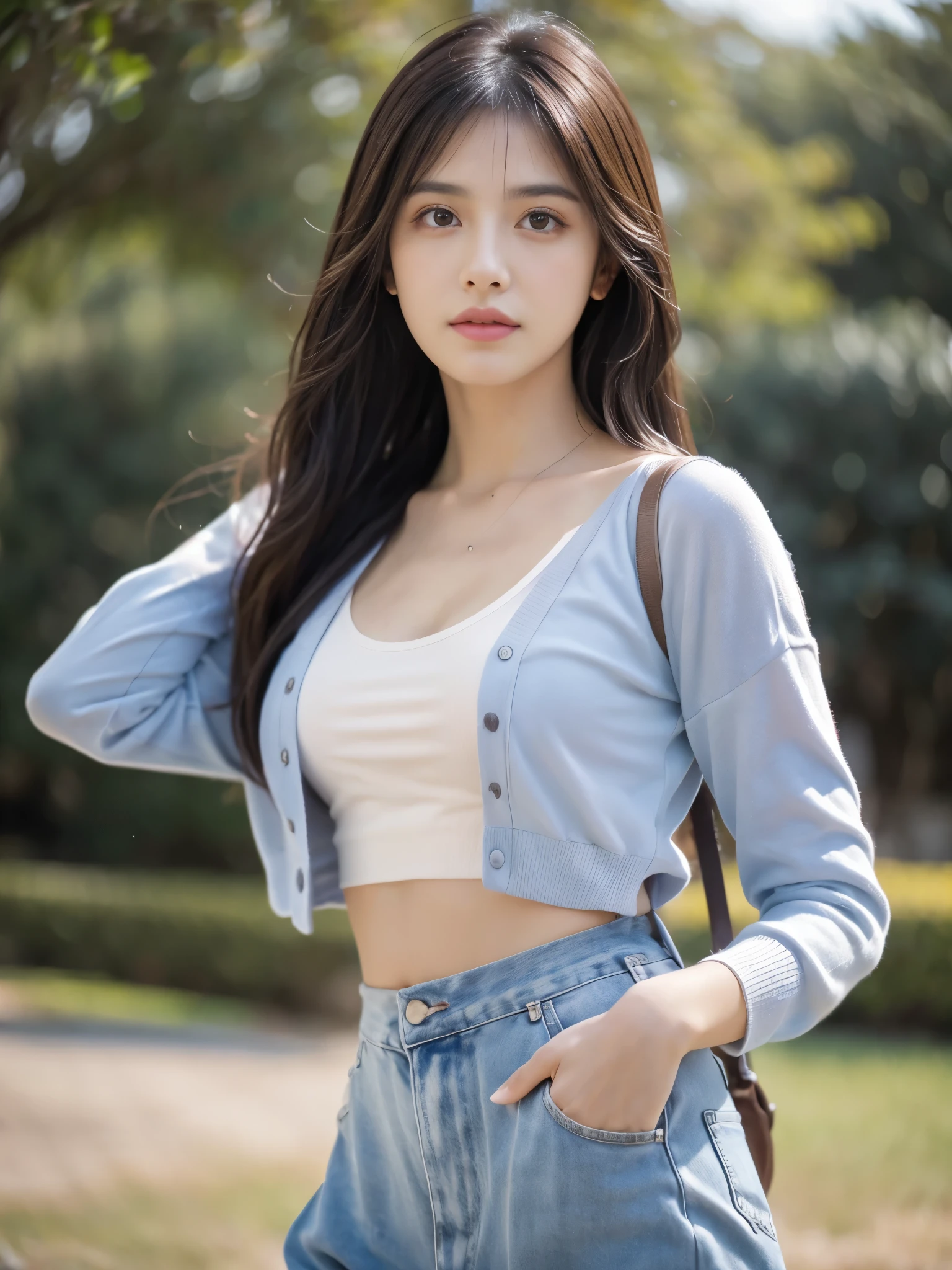 Obra maestra, La mejor calidad, ultra-high resolution, Foto de alto detalle, Unidad 8K Fondo de pantalla, CG extremadamente detallado:1.2), (Foto RAW:1.realistic photography:1.4), depth of field, bokeh BREAK 1girl , joven, physically based representation, beautiful, (Cara finamente detallada:1.4, Ropa detallada), (Detallado:1.4), BREAK Profundidad de campo, Agregar capa, hiperrealista BREAK Cara hermosa, 27 years old, Modelo de cuerpo perfecto, senos perfectos, 175cm de altura, pose sexy, arms wide open, cuerpo completo, Tipo de cuerpo de modelo, BREAK short ivory shirt, BREAK light blue tights BREAK (Cabello largo:1.2), BREAK (Eimi Fukada:1.2), doble parpado,