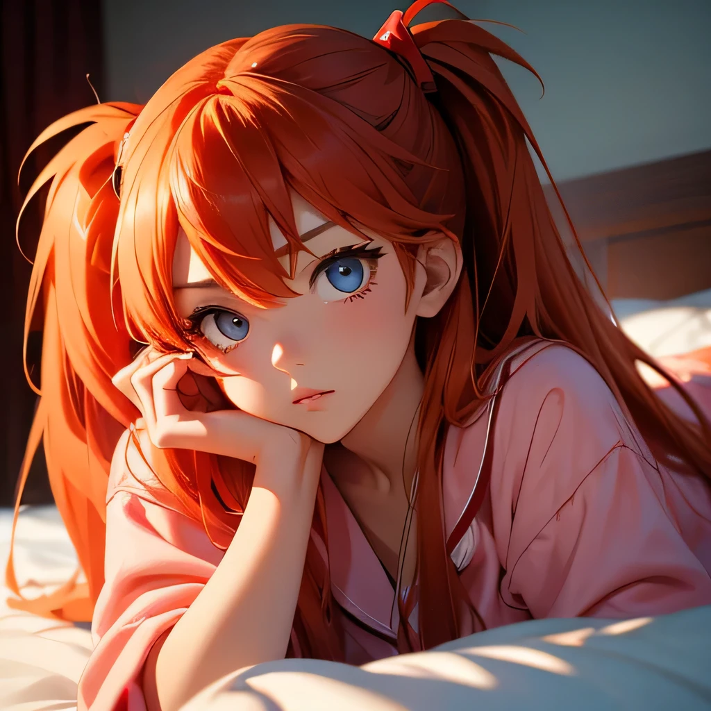 highest quality, expressive eyes, perfect face, 1 girl, alone,asuka langley、wake up、in pajamas、on the bed