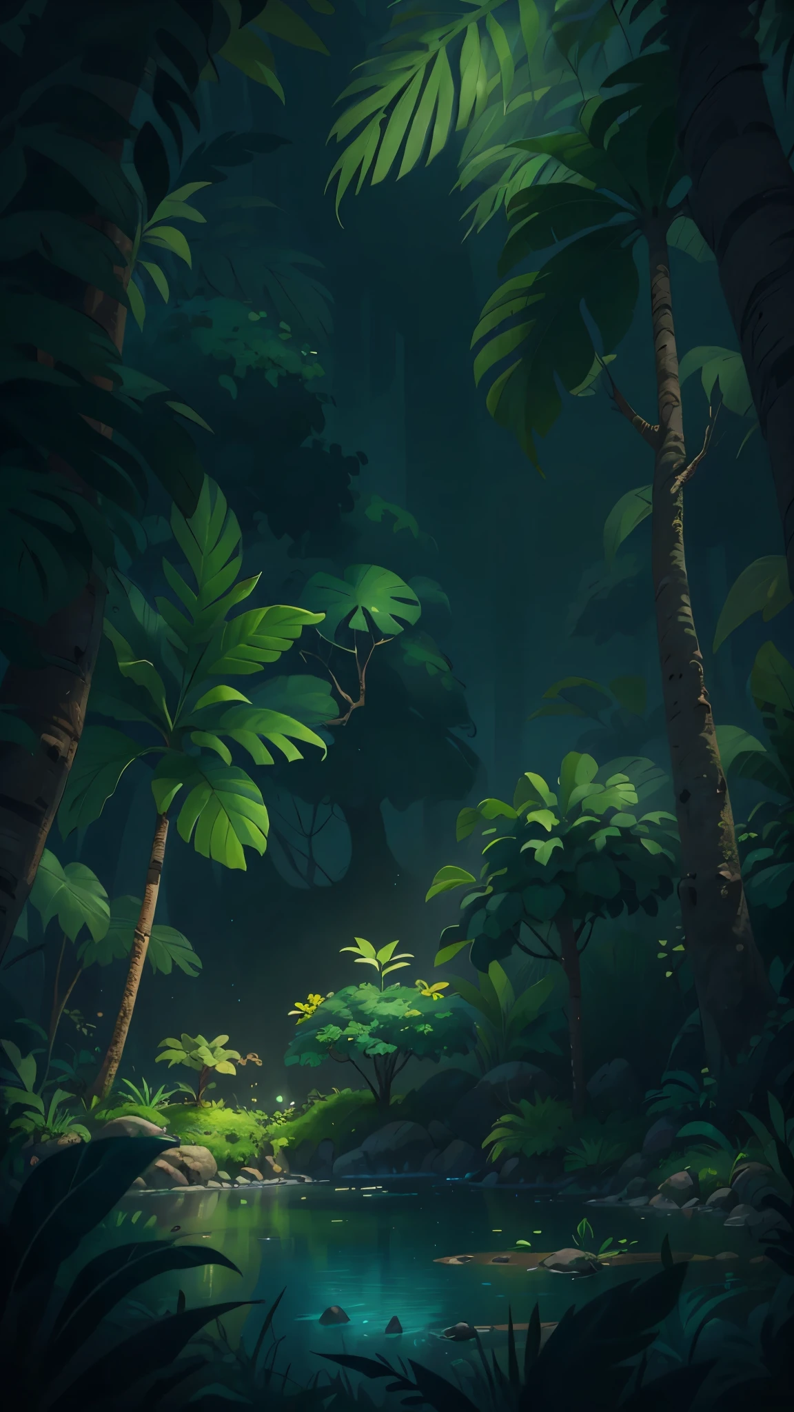 Tropical rainforest at night,Pixar cinematic style, best quality, movie stills,