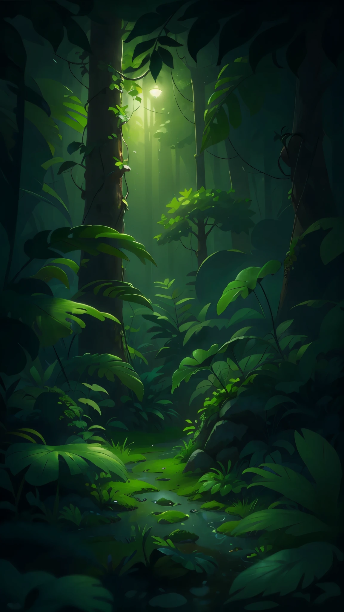 Tropical rainforest at night，Pixar cinematic style, best quality, movie stills, 