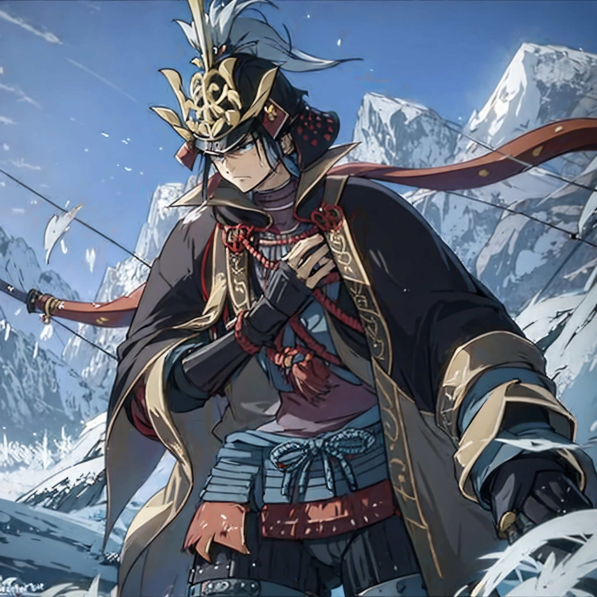 a man in samurai armor, holding a katana ice power, in a castle
