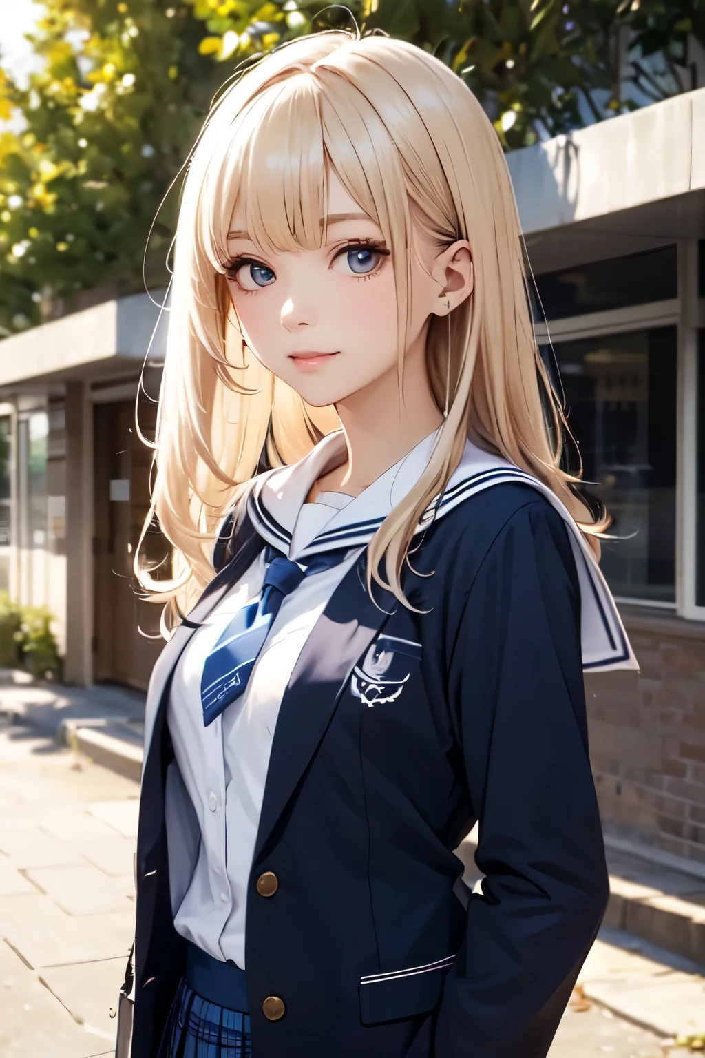 （In 8K, best quality, muste piece:1.2)、ultra high resolution,1 female 14 years old、ultra-detailed face,detailed eyes,cinema lighting、cool、Tree eyes,well-groomed nose、blonde、((hime_cut)),long straight hair,sensuous smile,nose blash,long hair,BREAK,school uniform, blazer,Navy blue jacket,BREAK,((sailor collar shirt、white shirt)), (light blue ribbon tie), navy pleated skirt,long sleeves,BREAK,night、Standing in front of the school