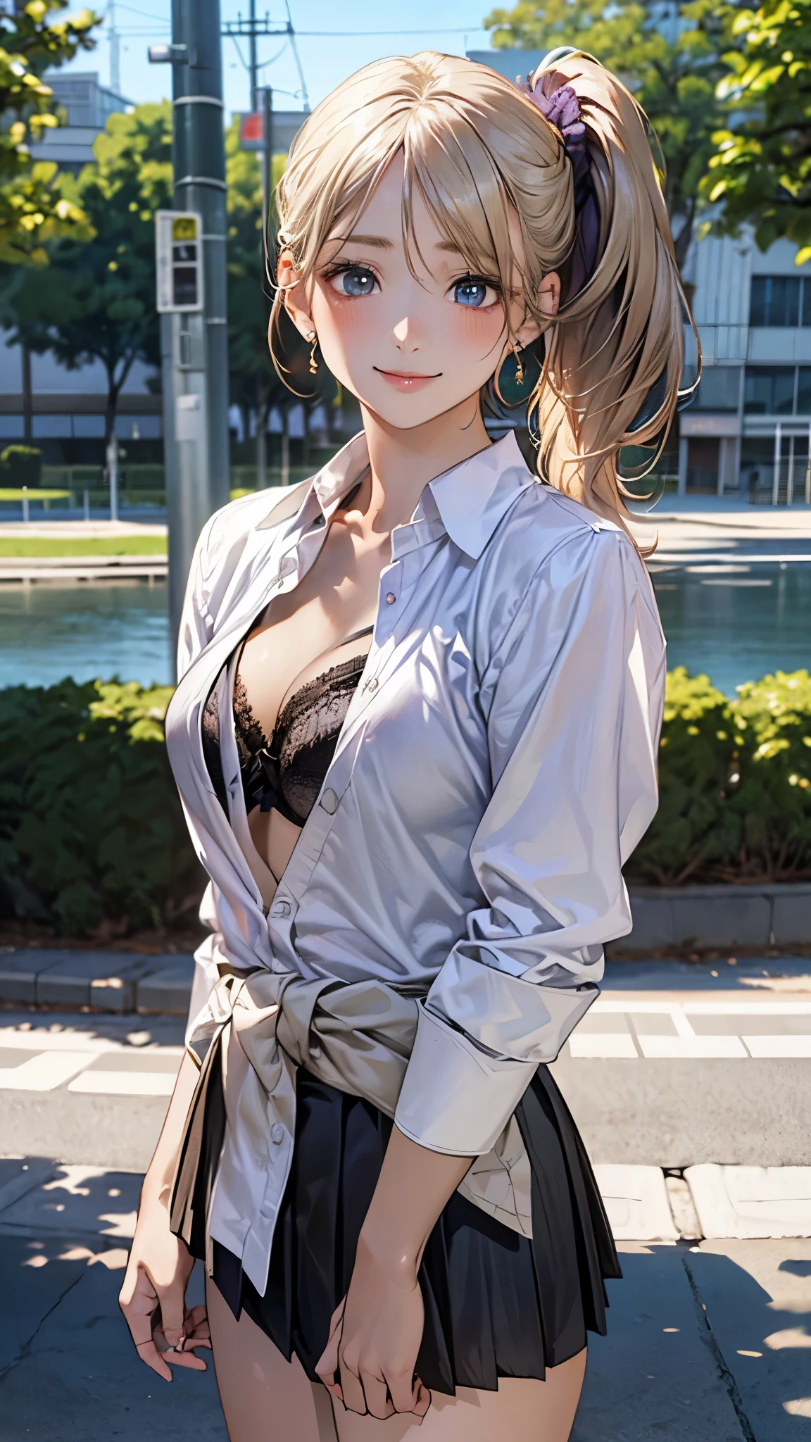 (masterpiece:1.2, top-quality), (realistic, photorealistic:1.4), beautiful illustration, (natural side lighting, movie lighting),
looking at viewer, cowboy shot, front view:0.6, 1 girl, japanese, high school girl, perfect face, cute and symmetrical face, shiny skin,
(long hair:1.8, side ponytail:1.7, light blond hair), parted bangs, emerald green eyes, long eye lasher, (large breasts:0.9, thick thighs),
beautiful hair, beautiful face, beautiful detailed eyes, beautiful clavicle, beautiful body, beautiful chest, beautiful thigh, beautiful legs, beautiful fingers,
((white collared shirts, open shirts, sleeves rolled up, violet pleated mini skirt, black socks, brown loafers, ), black and purple bra and panties, cardigan around waist), hoop ring earrings,
(beautiful scenery), evening, riverside, walking, hands on chest, (lovely smile, upper eyes),