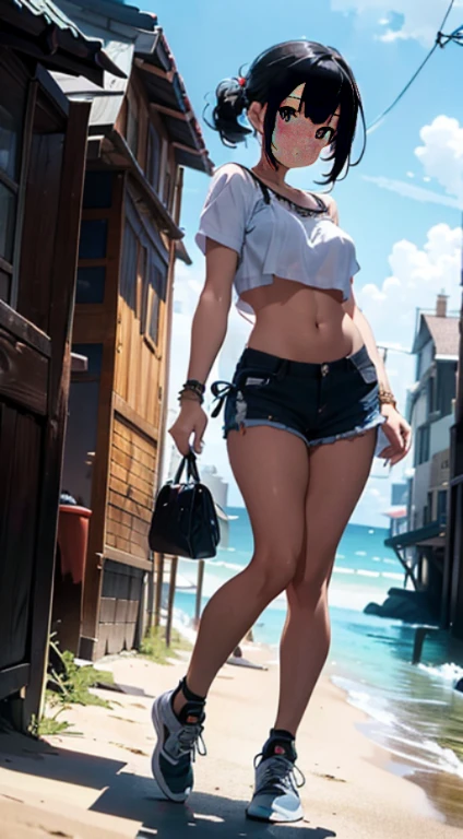 A Stunning Full body shot, extremely detailed illustration of a gorgeous Caucasian woman with small breasts wearing A Short Summer Shirt, Tight Summer Shorts And Stylish Sneakers With No Socks On Her Feet, Posing On The Beach, stylish, backlit, highly illuminated, Multicolored, Stylish Black hair, visually rich, manga, whimsical, enchanting, emotionally evocative, detailed environment, fantastical, imaginative, visually rich, (Best Quality), (Highest Detail), atmospheric, 8k Resolution, UHD, HDR, DOF, Fujifilm X3. Bondage, bdsm, ropes