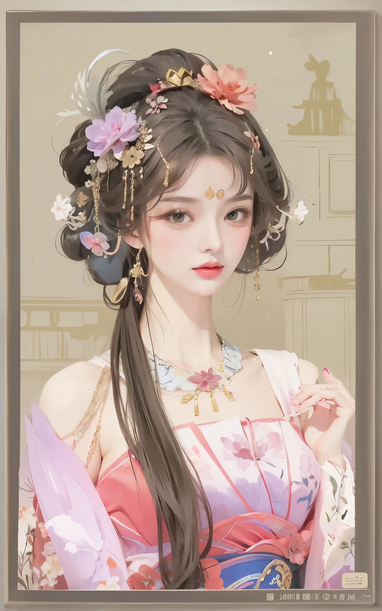 Close-up of a woman,She has a fan and flowers in her hair, beautiful fantasy queen, ancient chinese princeseautiful fantasy queen)), palace , A girl wearing Hanfu, ancient asian dynasty princess, chinese princess, Queen of China, beautiful figure painting, Beautiful rendering of the Tang Dynasty, Inspired by Lan Ying, royal elegant pose, ancient chinese art style