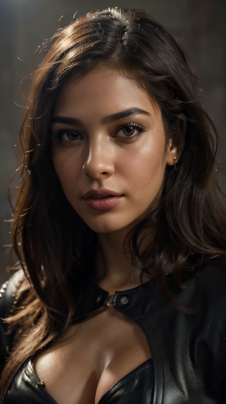 (best quality,4k,8k,highres,masterpiece:1.2),ultra-detailed,(realistic,photorealistic,photo-realistic:1.37),cuban girl,beautiful detailed eyes,beautiful detailed lips,extremely detailed eyes and face,long eyelashes,leather clothes,sexy pose,exotic beauty,confident expression,sensual atmosphere,vibrant colors,portraits,dark background,soft lighting