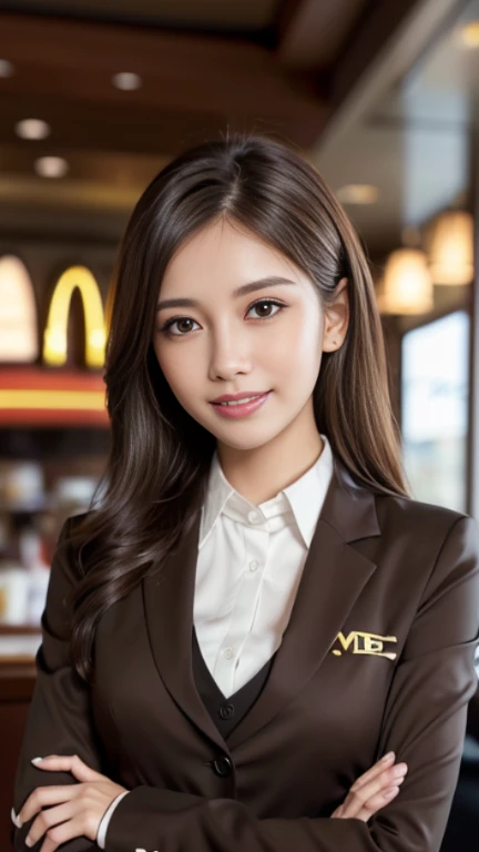 table top, highest quality, realistic, Super detailed, finely, High resolution, 8k wallpaper, 1 beautiful woman,, (whole body～:1.4)light brown messy hair, wearing a business suit, sharp focus, perfect dynamic composition, beautiful and detailed eyes, thin hair, Detailed realistic skin texture, (toothy smile)、 (、 model body shape、(mcdonalds&#39;clerk of)、