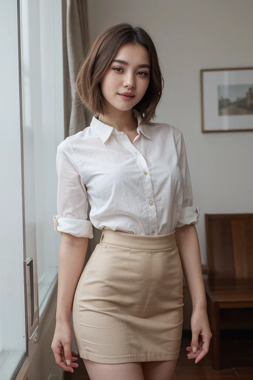 top-quality、​masterpiece、超A high resolution、(realisitic:1.4)、Beautuful Women１、Beautiful detail eyes and skin、smile、Light brown short-cut hair, gorgeous chinese model, photo of slim girl model, IG-Modell, beautiful female model, business suit skirt, white shirt,