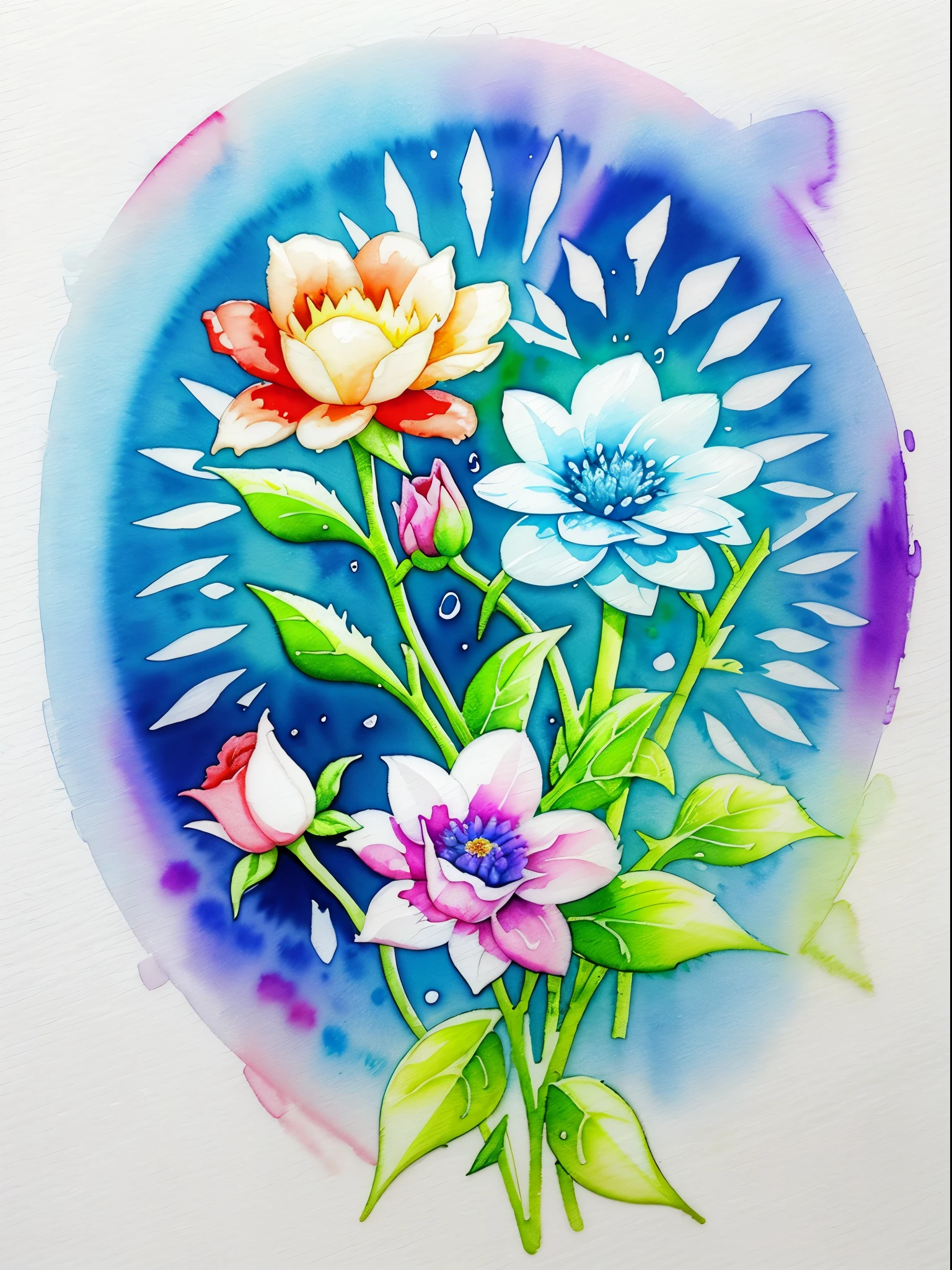 watercolor, flower, beautiful, watercolor style, flower and leaf patterns, wet on wet technique, muted, indigo, fabric design, flat illustration, highly detailed clean, vector image, masterpiece, professional, isometric, bright vector, white background, dry brush, brush strokes, painted on canvas, by J.M.W. Turner. expressive marks.