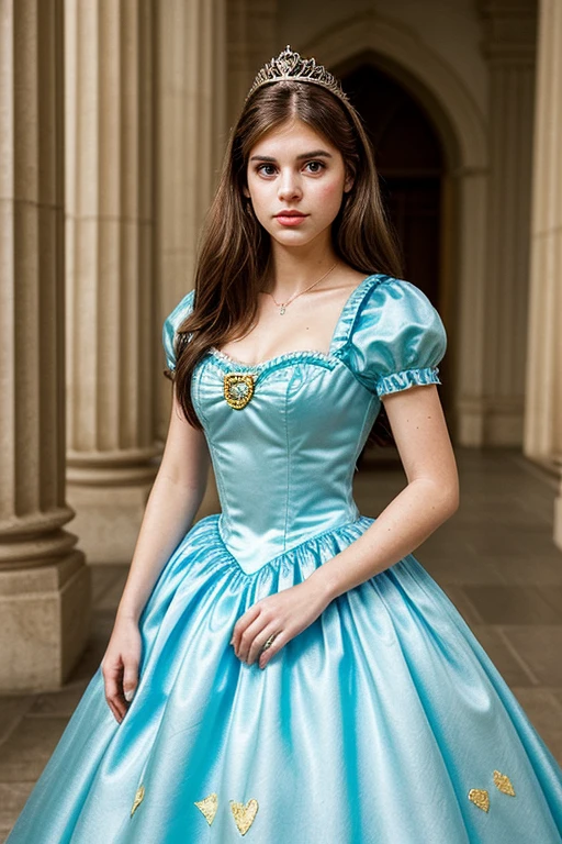 Make a woman wearing a cinderella princess dress,The woman is brunette, tem 22 anos, usa uma coroa, Palace environment