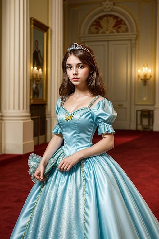 Make a woman wearing a cinderella princess dress,The woman is brunette, tem 22 anos, usa uma coroa, Palace environment
