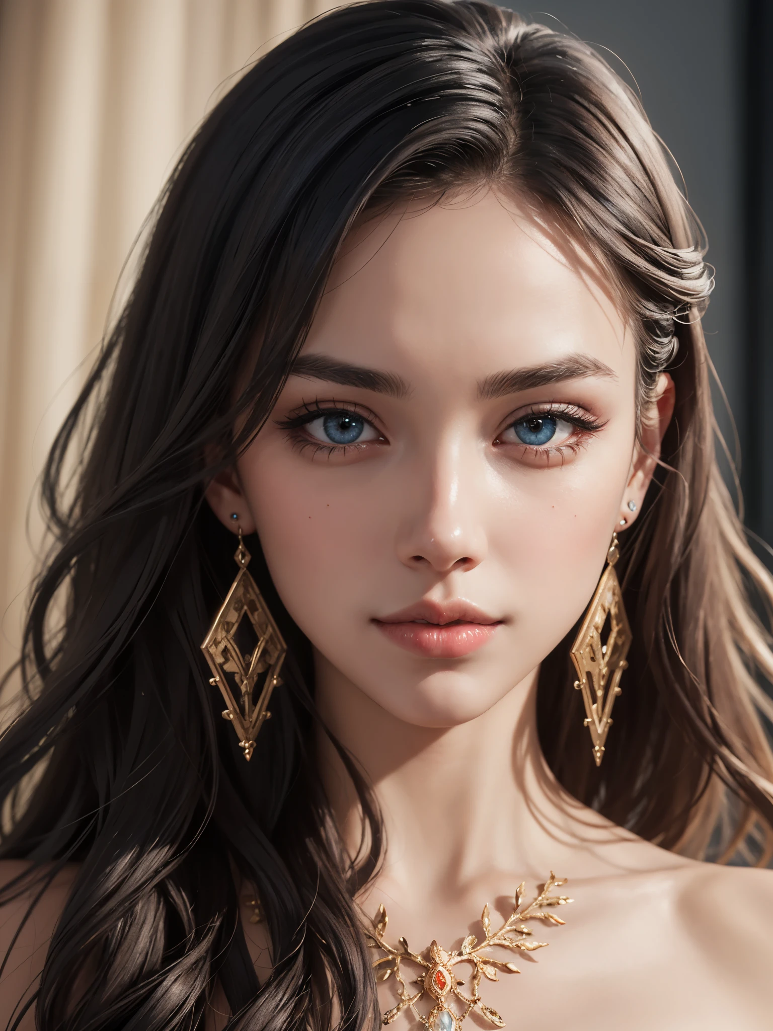 1girl, beautiful, perfect face, detailed eyes, detailed face, super details lips, super details skin, realistic, blush eye shadow, intricate earrings, (intricate headpiece:0.3), very long hair, (hair strands:1.2), masterpiece, best quality, realistic light, professional color grading,