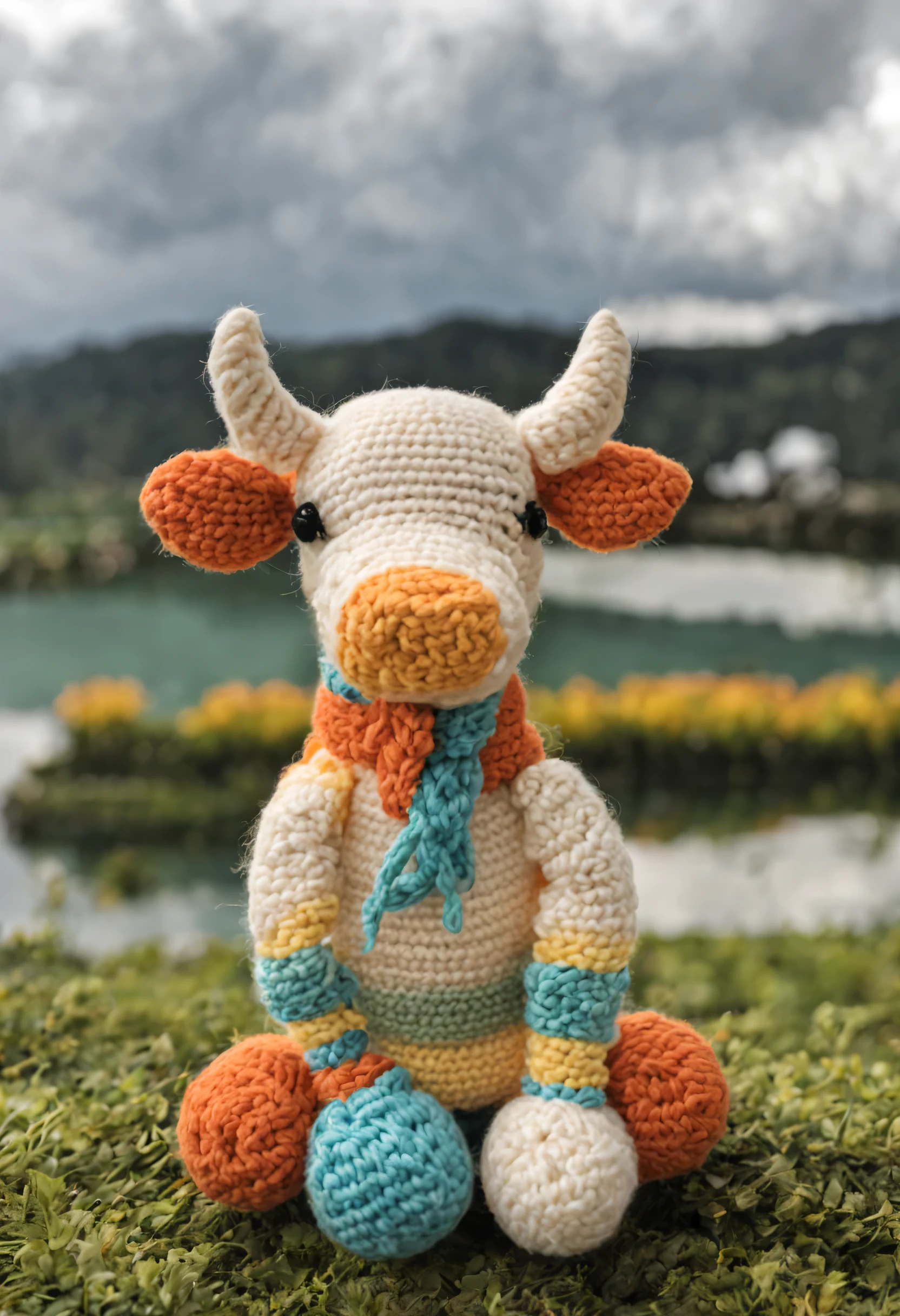 Please help me generate a crochet product based on the following prompt words: Crochet hook size:Palm-sized woven material:wool knitting project:Cow head knitted toy color matching:Bright and beautiful
