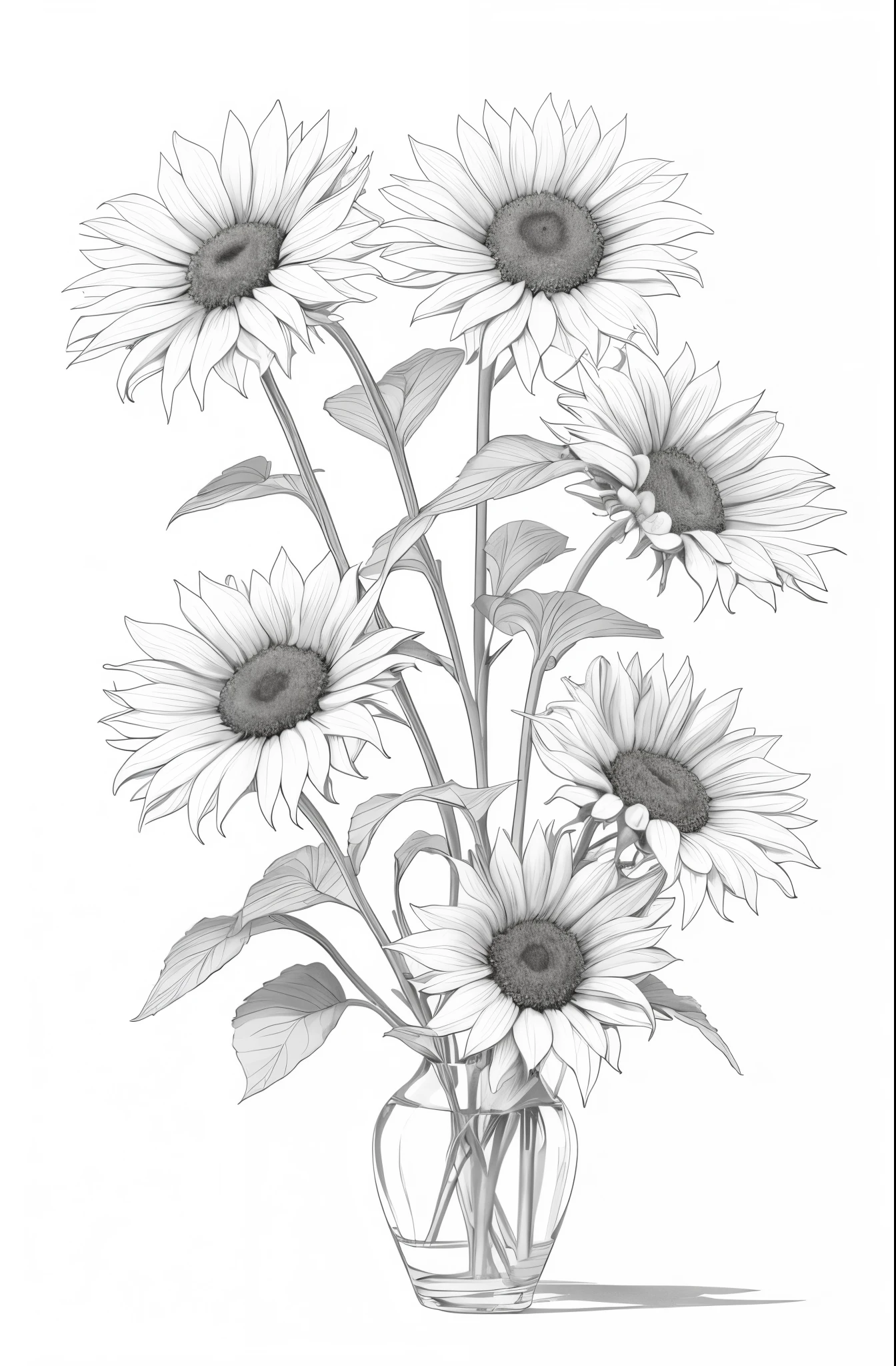 there a vase with sunflowers in it on a white background, line art, line - art, highly detailed sketch, drawn with photoshop, ambient occlusion:3, crystallic sunflowers, helianthus flowers, ambient occlusion, highly detailed illustration, fine line art, flowers with intricate detail, highly-detailed illustration, sunflowers, line drawing, heavy shading