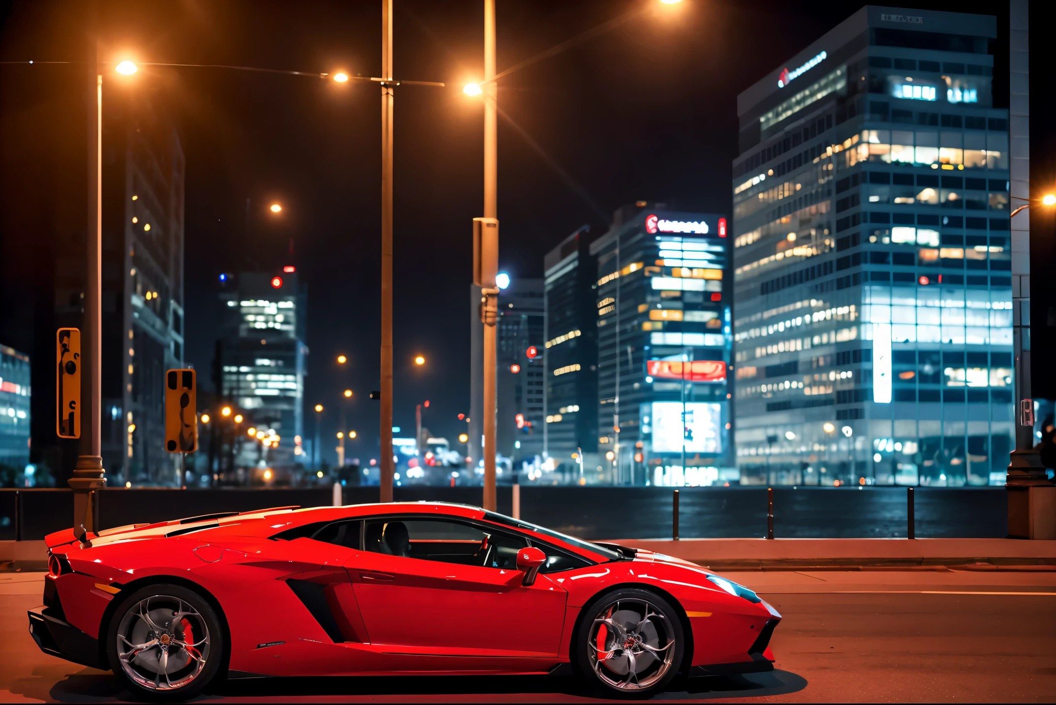 red lamborghini aventador　　Precision and high quality　Realistic three-dimensional feel　beautiful background　Parked on the street in front of the marble entrance of a luxury condominium.　beautiful lighting　beautiful street　stylish apartment　(shot from the side:1.3) beautiful night lights　city of temptation